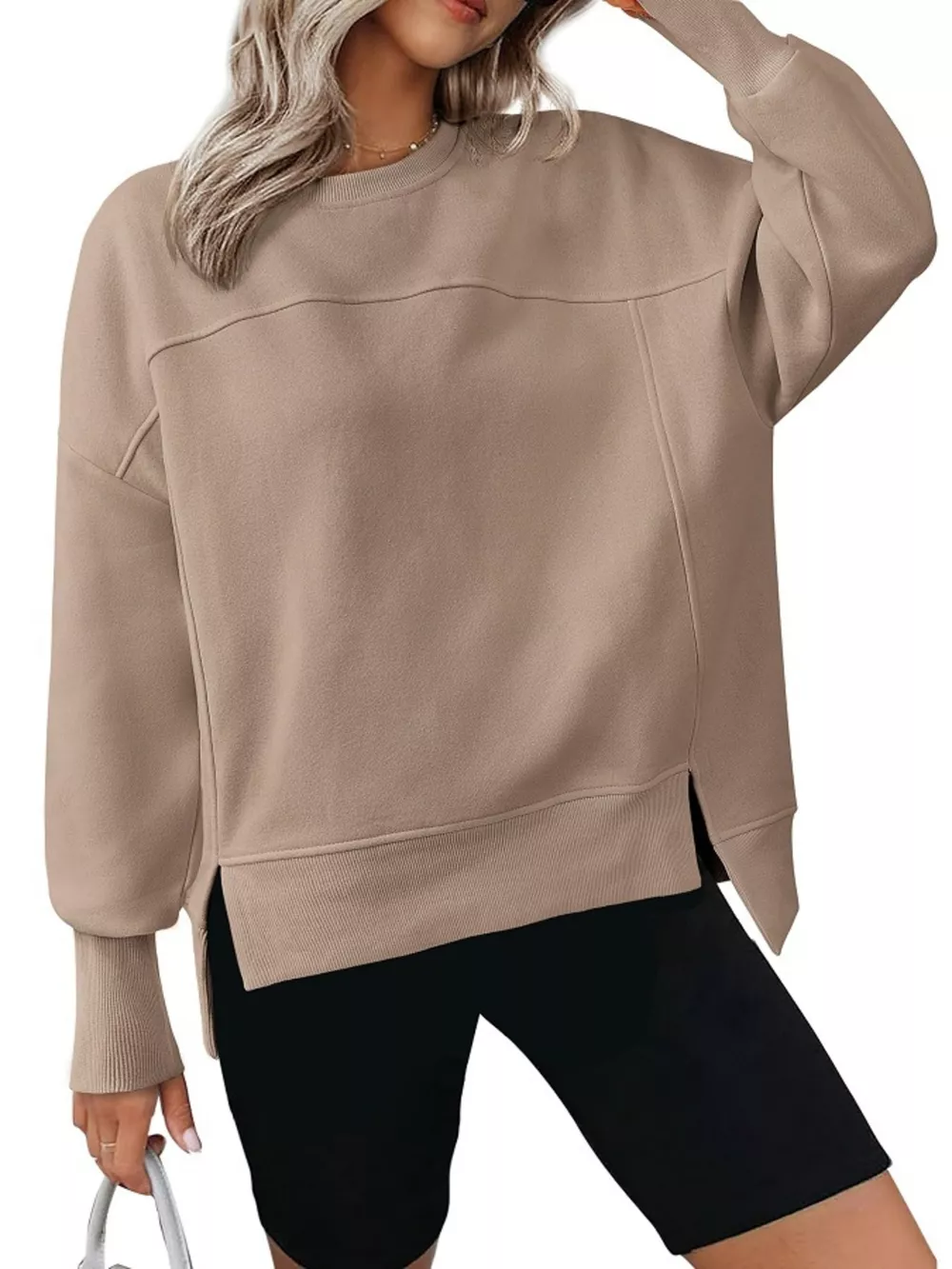 Slit Round Neck Dropped Shoulder Sweatshirt, image 22