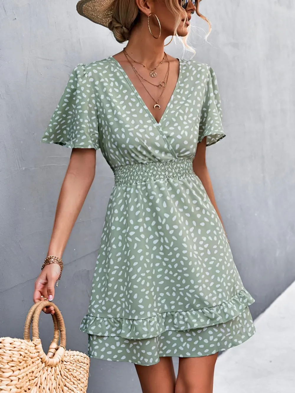 V-Neck Flutter Sleeve Mini Dress, image 7