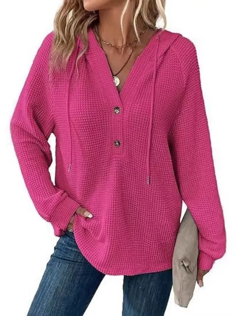 Full Size Button Detail Waffle Knit Hoodie Plus Size, image 31