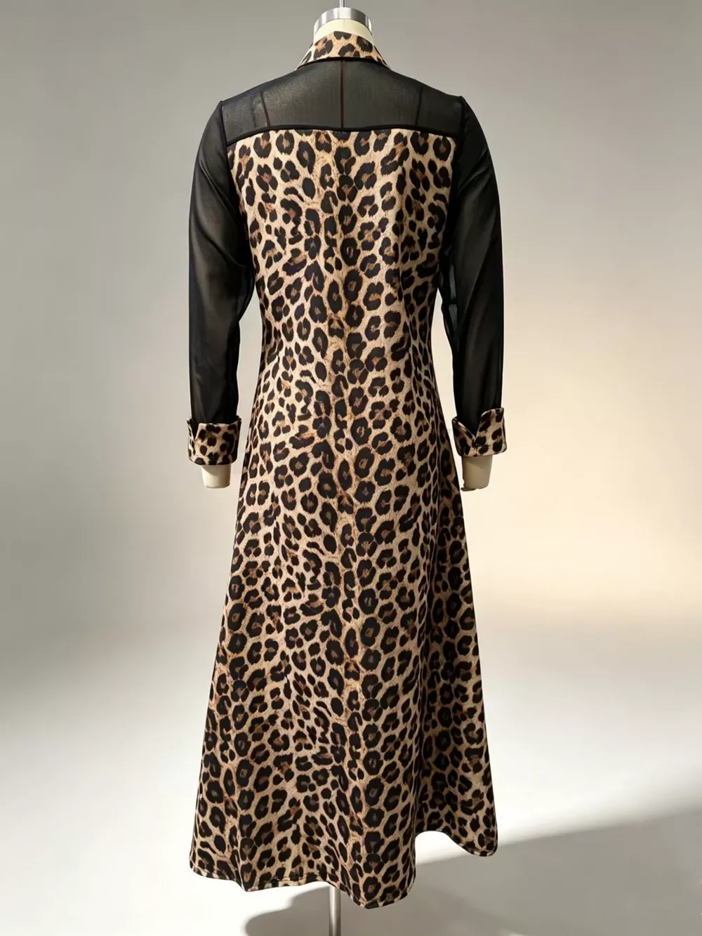 Full Size Leopard Print Sheer Mesh Panel Button-Down Maxi Dress Plus Size, image 4