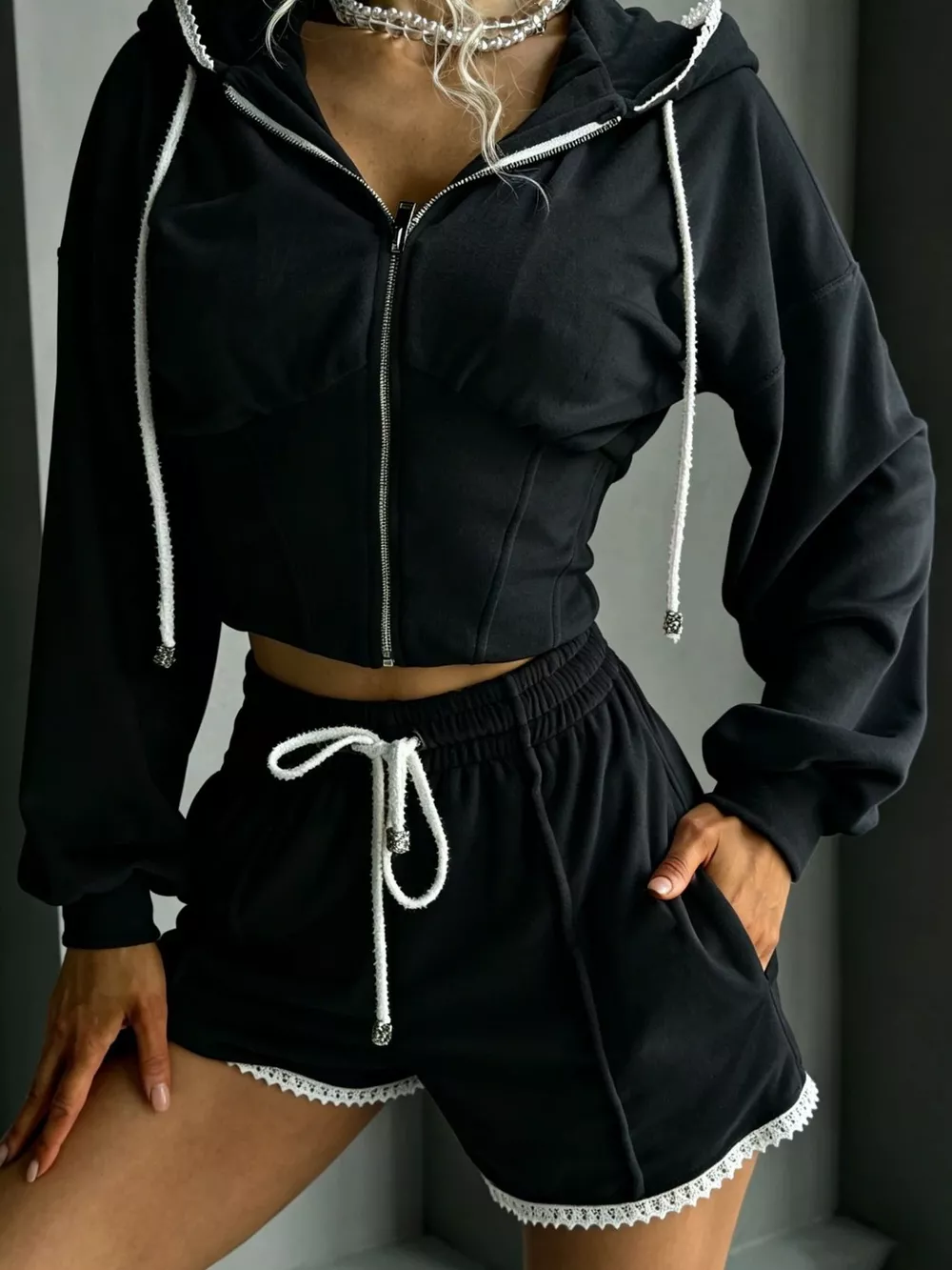 Drawstring Zip-Up Hoodie and Shorts Set, image 8