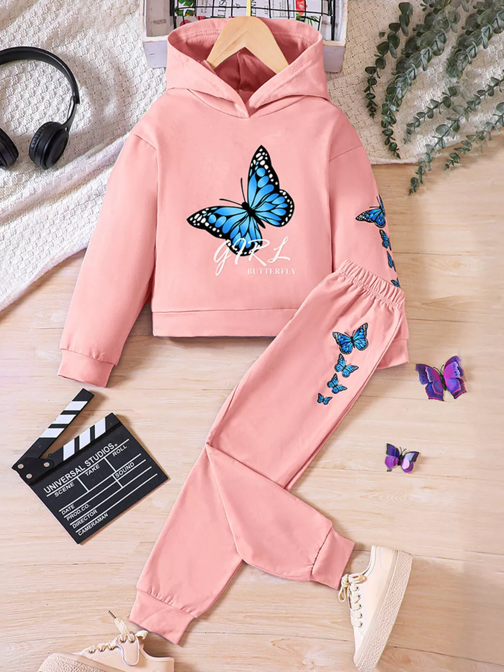 Childrens's Butterfly Print Hoodie & Pants Set, image 8
