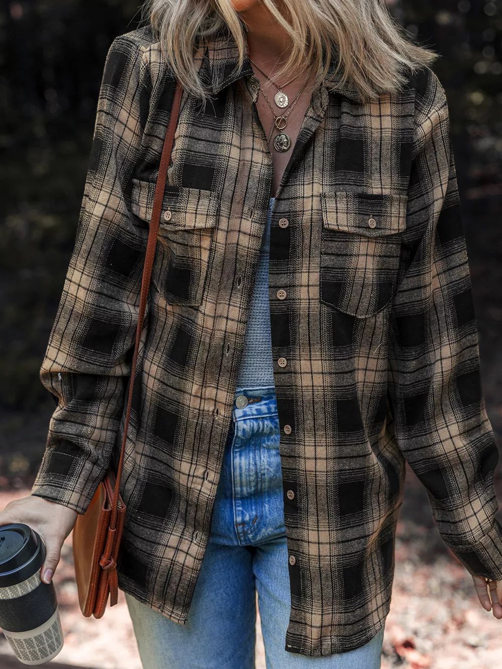 Plaid Double Flap Pocket Brushed Shacket, image 5