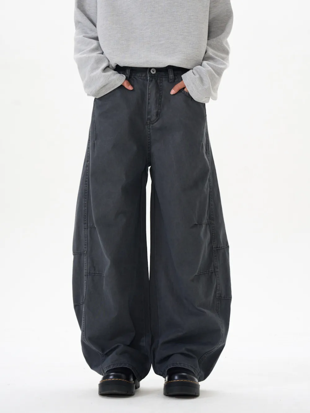 Men's Washed Wide Leg Curved Cargo Jeans, image 7