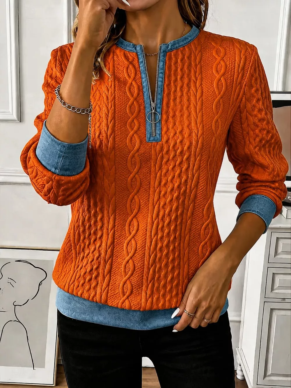Full Size Denim Contrast Trim Quarter Zip Texture Sweatshirt Plus Size, image 11