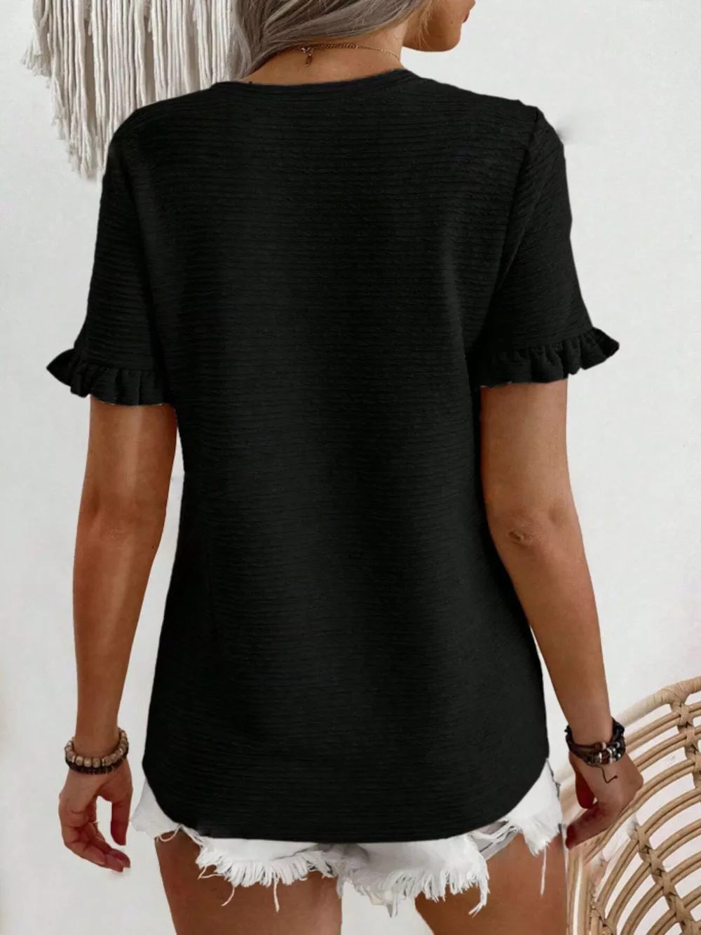 Textured Ruffle Sleeve Round Neck T-Shirt, image 24
