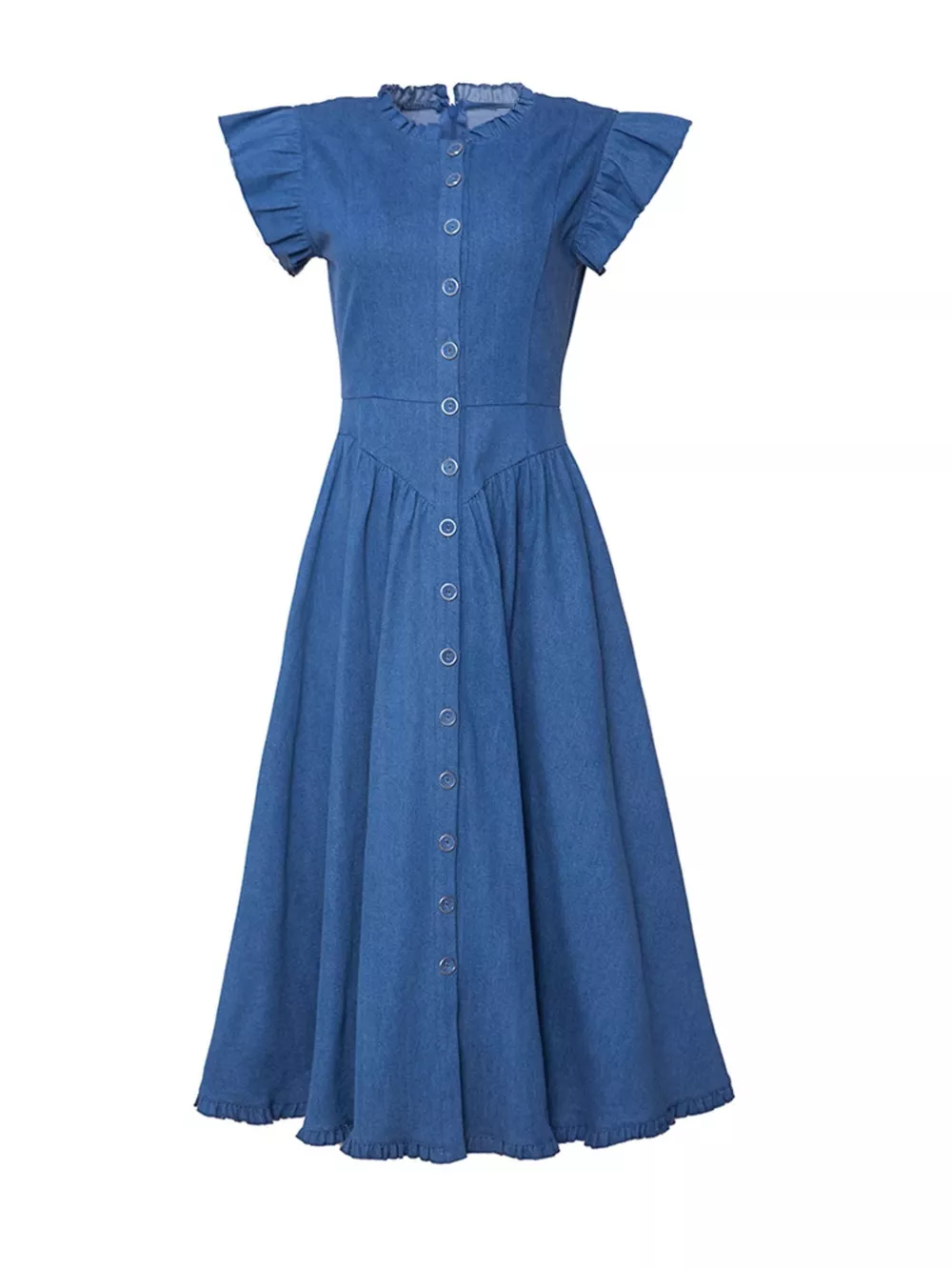 Ruffled Cap Sleeve Denim Dress, image 3