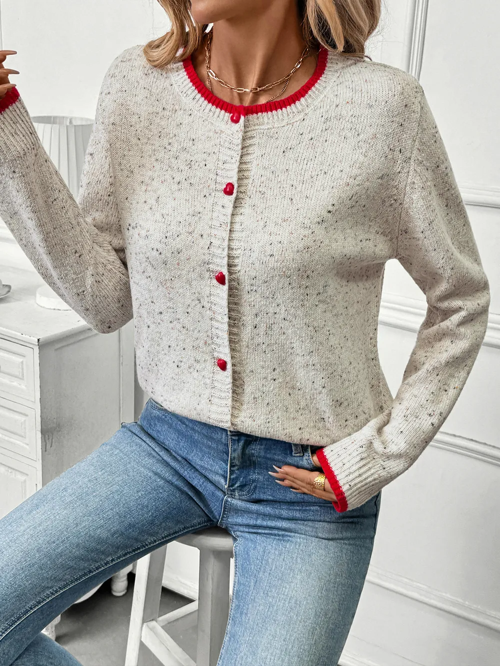 Contrast Trim Button Up Long Sleeve Cardigan, image 5