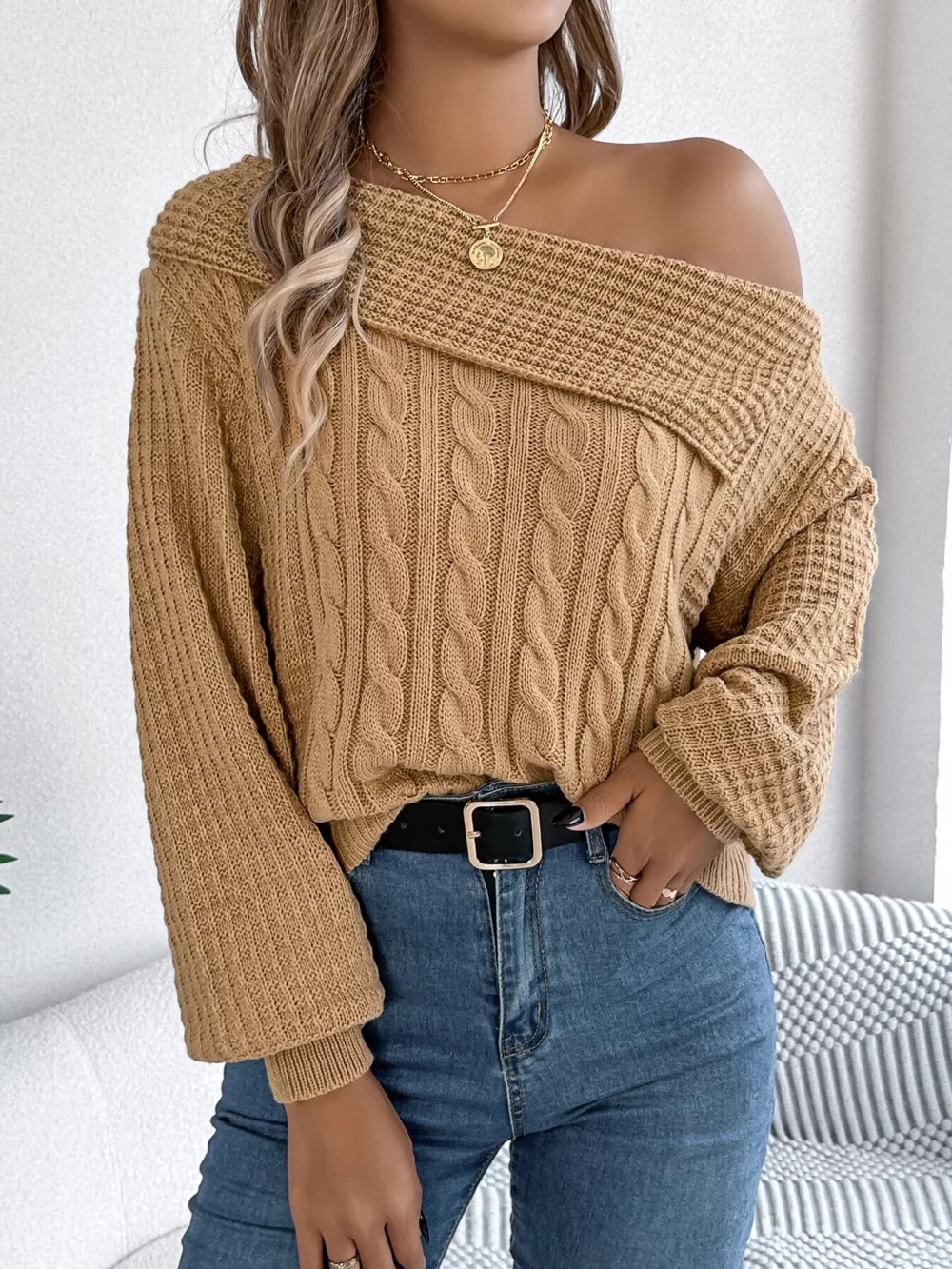 One Shoulder Cable Knit Sweater, image 8