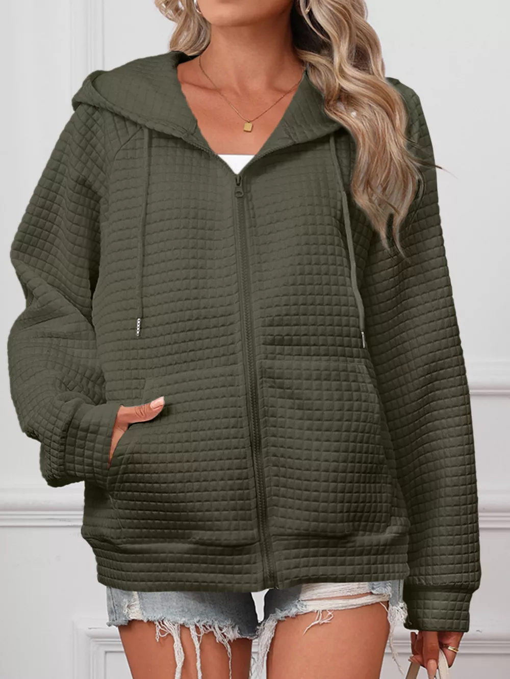 Full Size Textured Quilted Zip-Up Hooded Jacket Plus Size, image 15