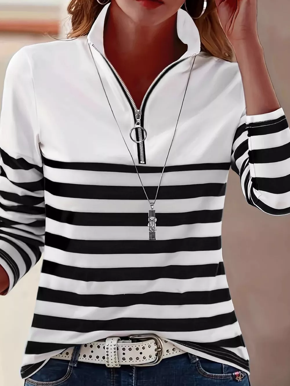 Quarter-Zip Striped Long Sleeve T-Shirt