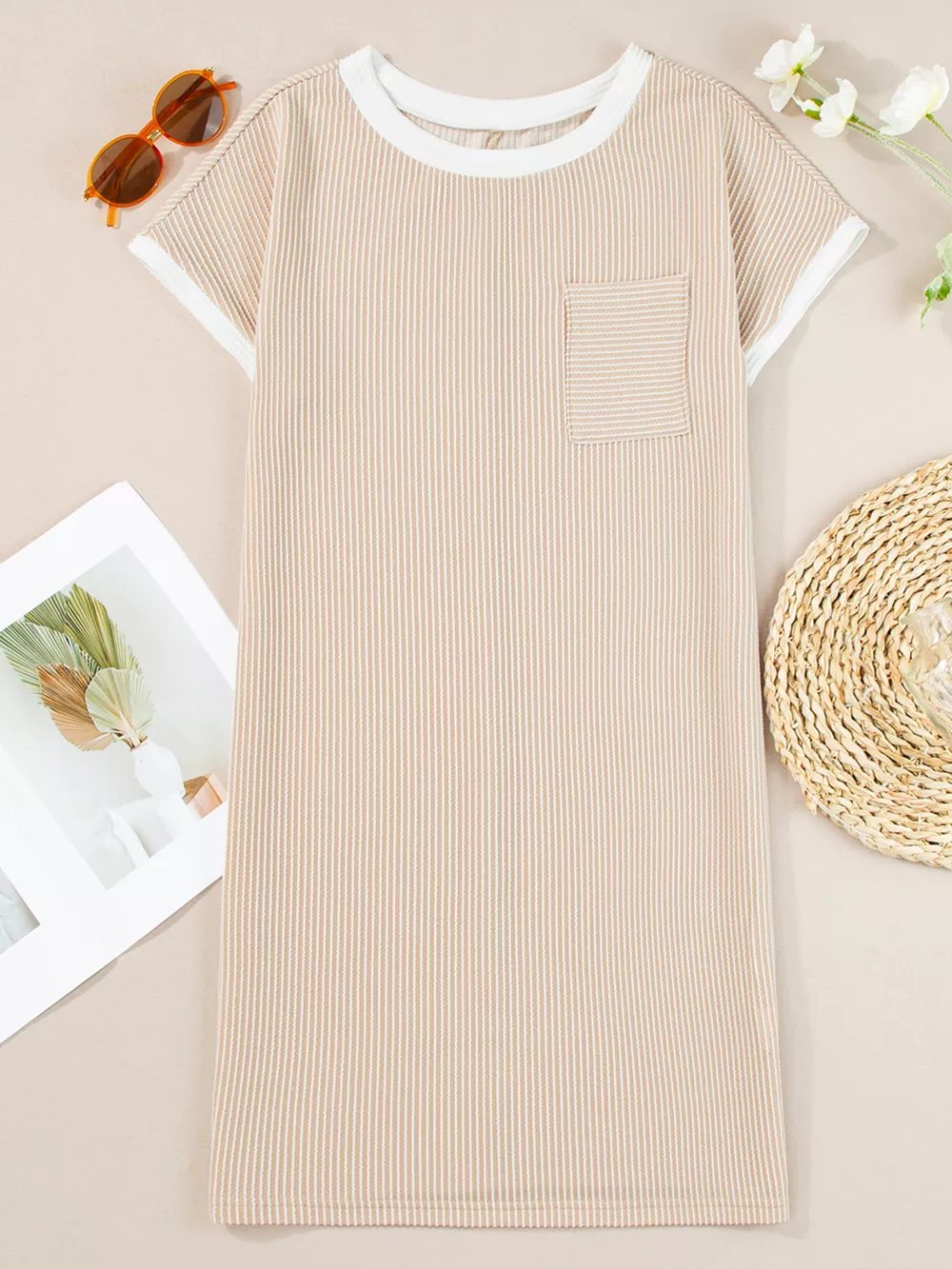 Twisted Ribbed Color Block Trim T Shirt Shift Dress, image 8