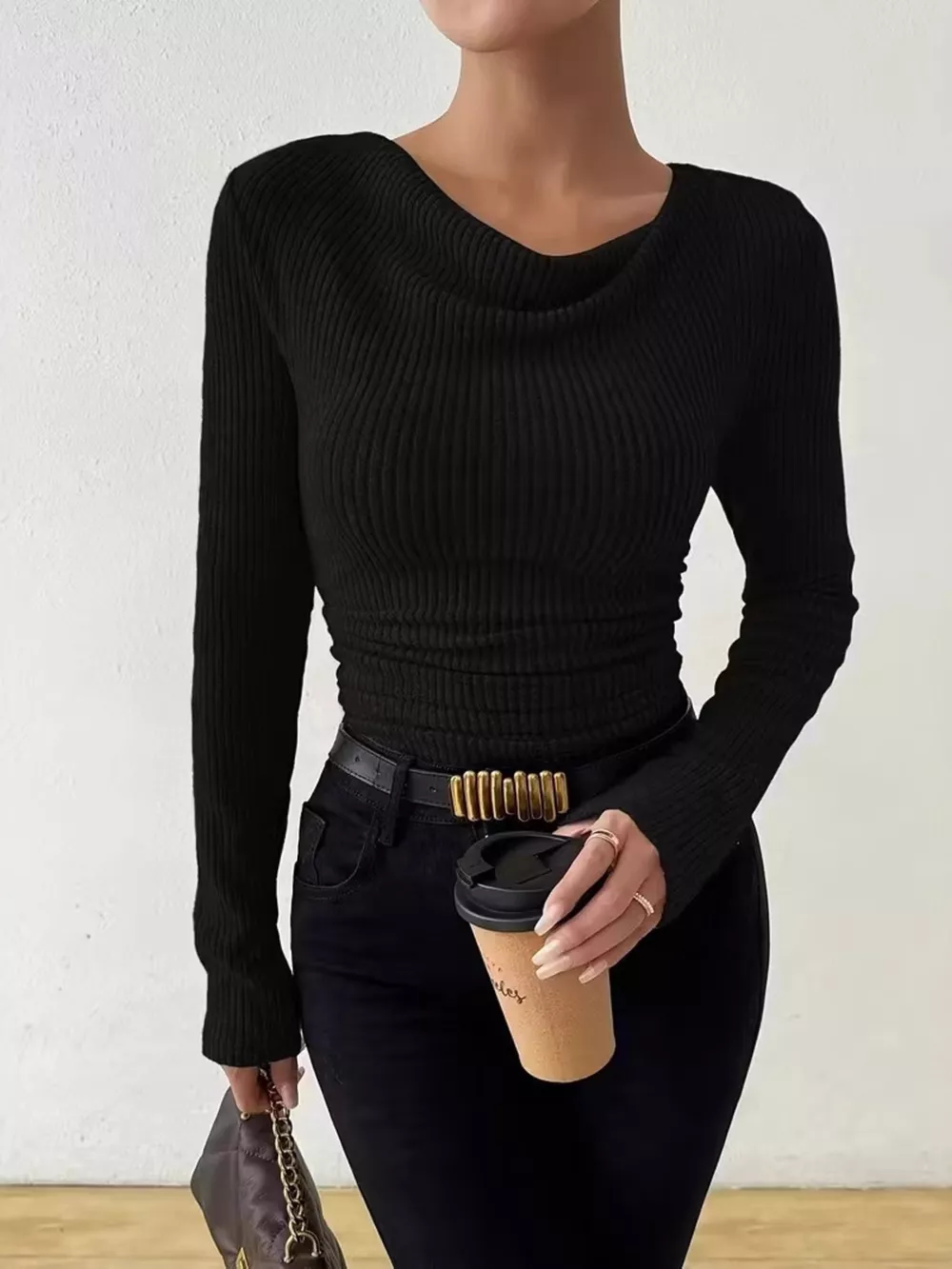 Cowl Neck Ribbed Long Sleeve Sweater, image 6
