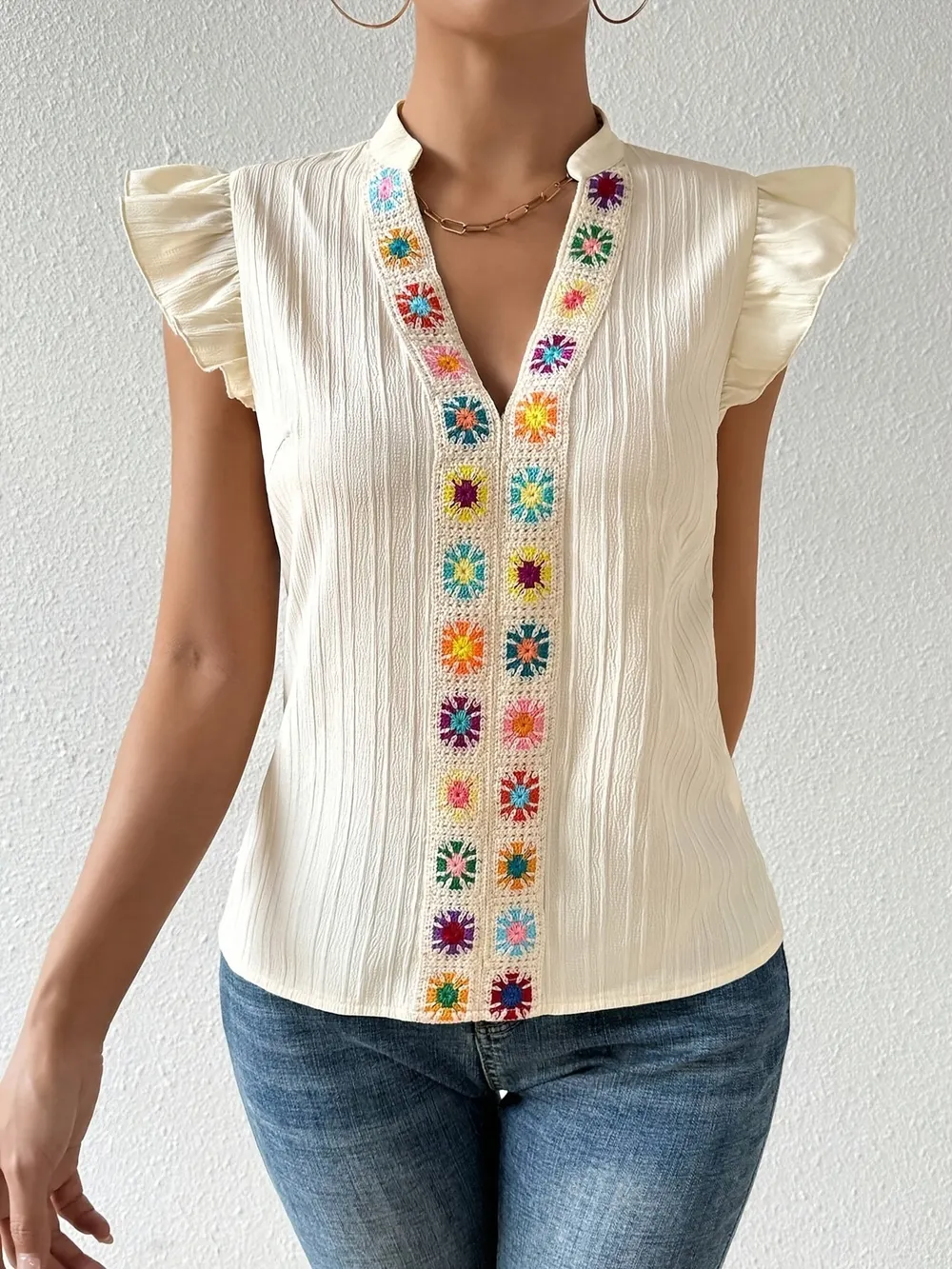 Embroidered Cap Sleeve Notched Blouse, image 2