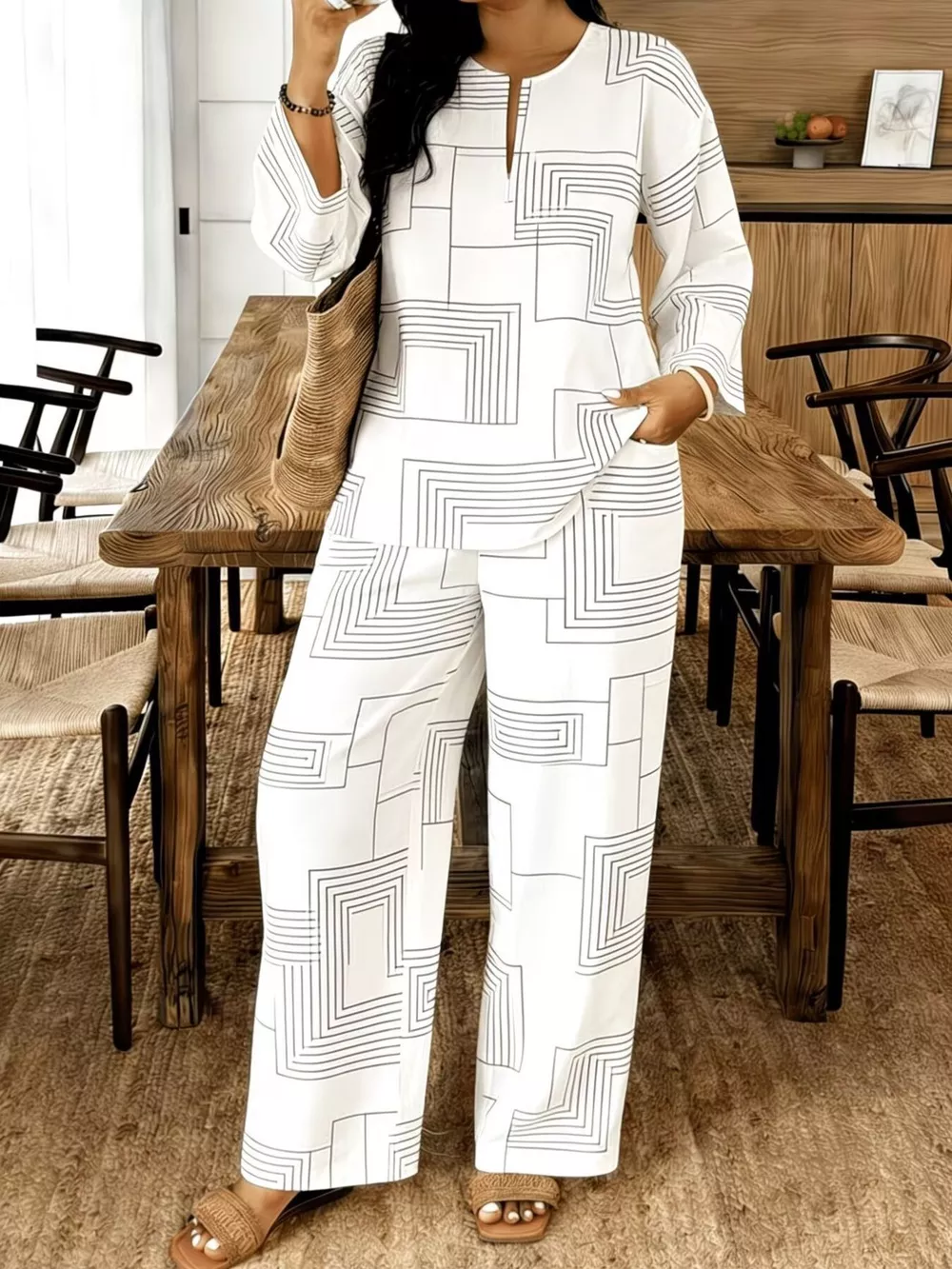 Geometric Print Relaxed Fit Top and Pants Set, image 8
