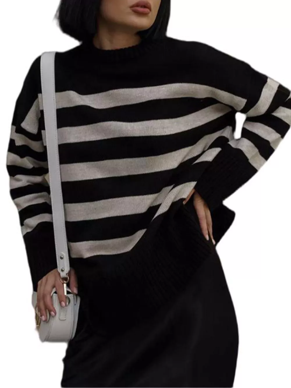 Side Slit Striped Oversized Knit Sweater, image 7