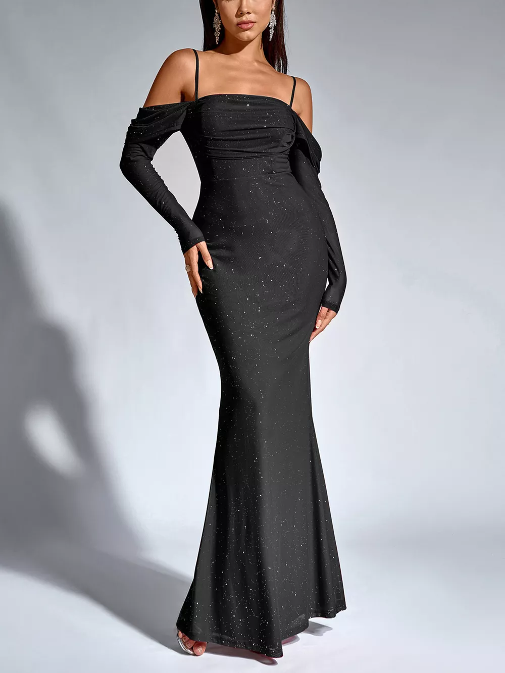 Glitter Ruched Long Sleeve Mermaid Maxi Dress, image 14