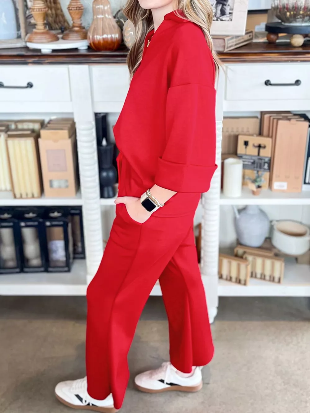 Polo Collar V Neck 3/4 Sleeve Pullover Drawstring Bell Bottom Pants 2pcs Set, image 8