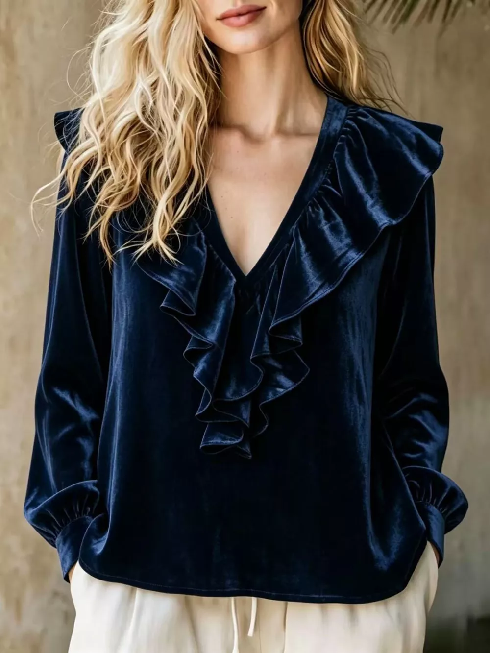 Full Size Ruffled V-Neck Long Sleeve Blouse Plus Size, image 4