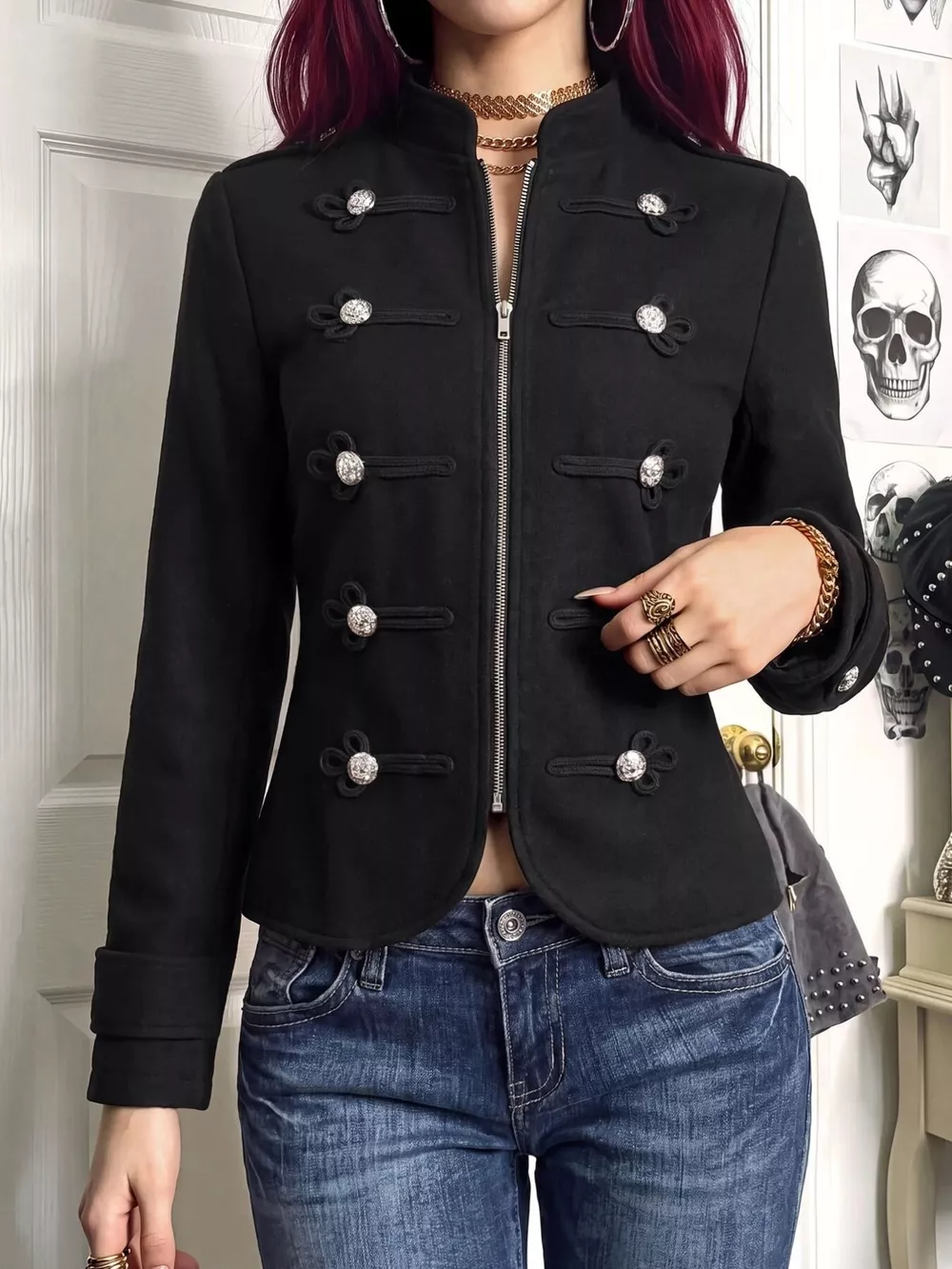 Decorative Button Zip Up Outerwear, image 3