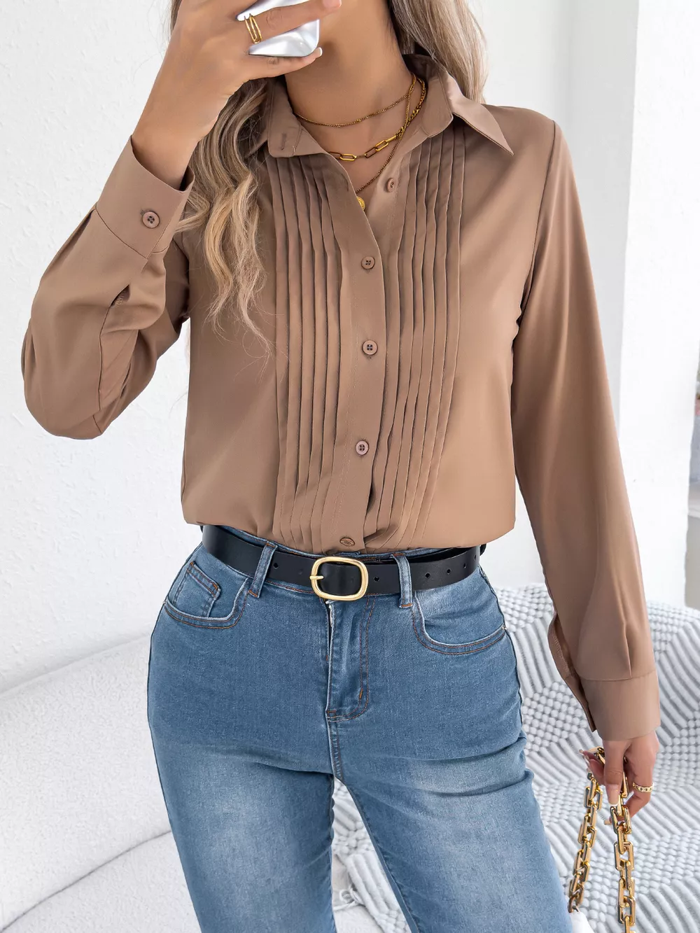 Pleated Front Long Sleeve Shirt, image 2