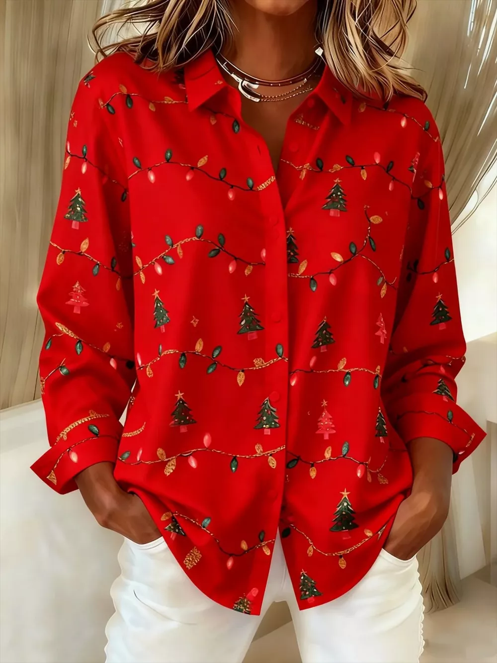 Full Size Christmas Tree Print Long Sleeve Button-Down Shirt Plus Size, image 5