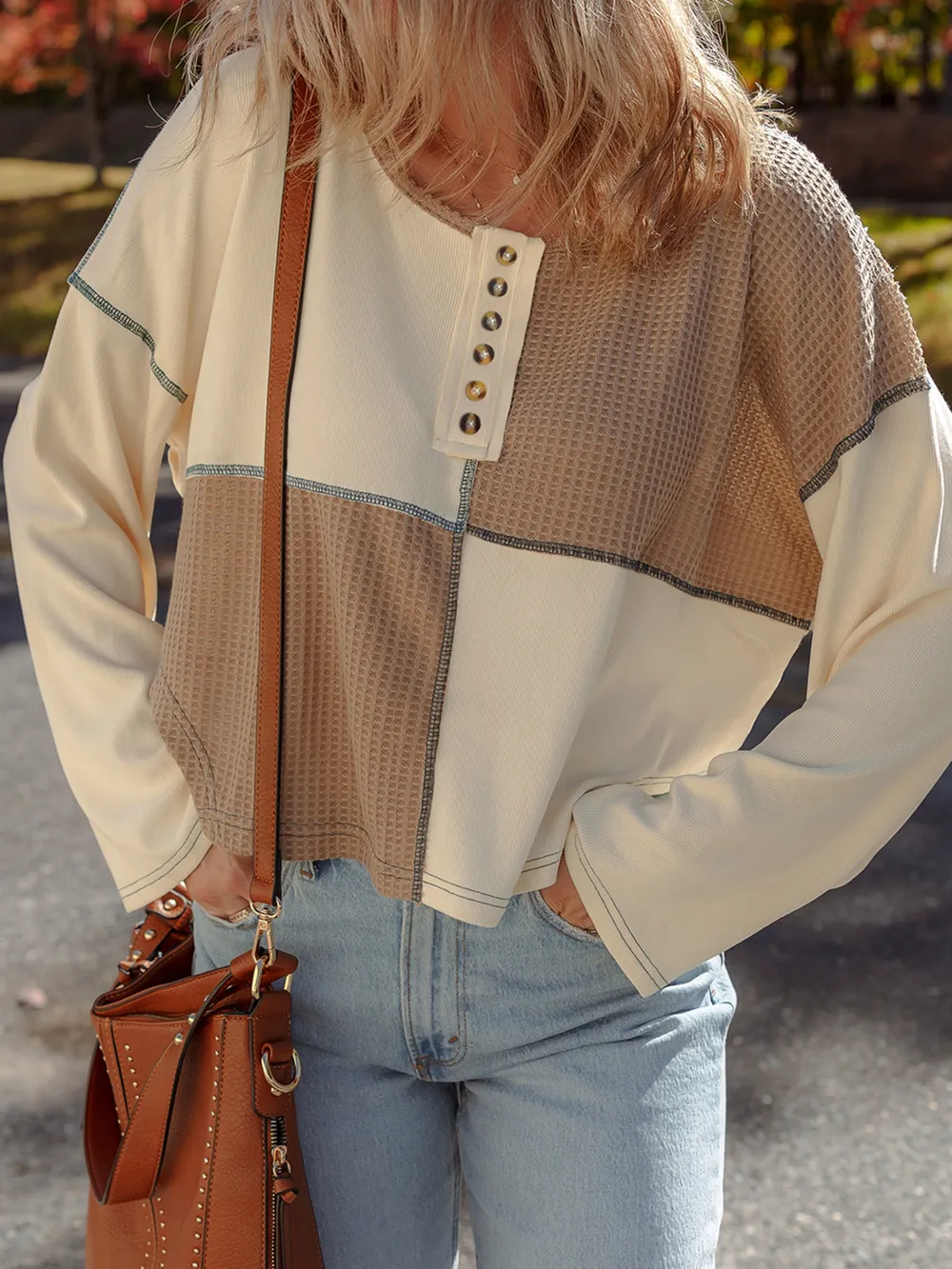 Color Block Waffle Knit Stitch Detail Long Sleeve Top, image 8