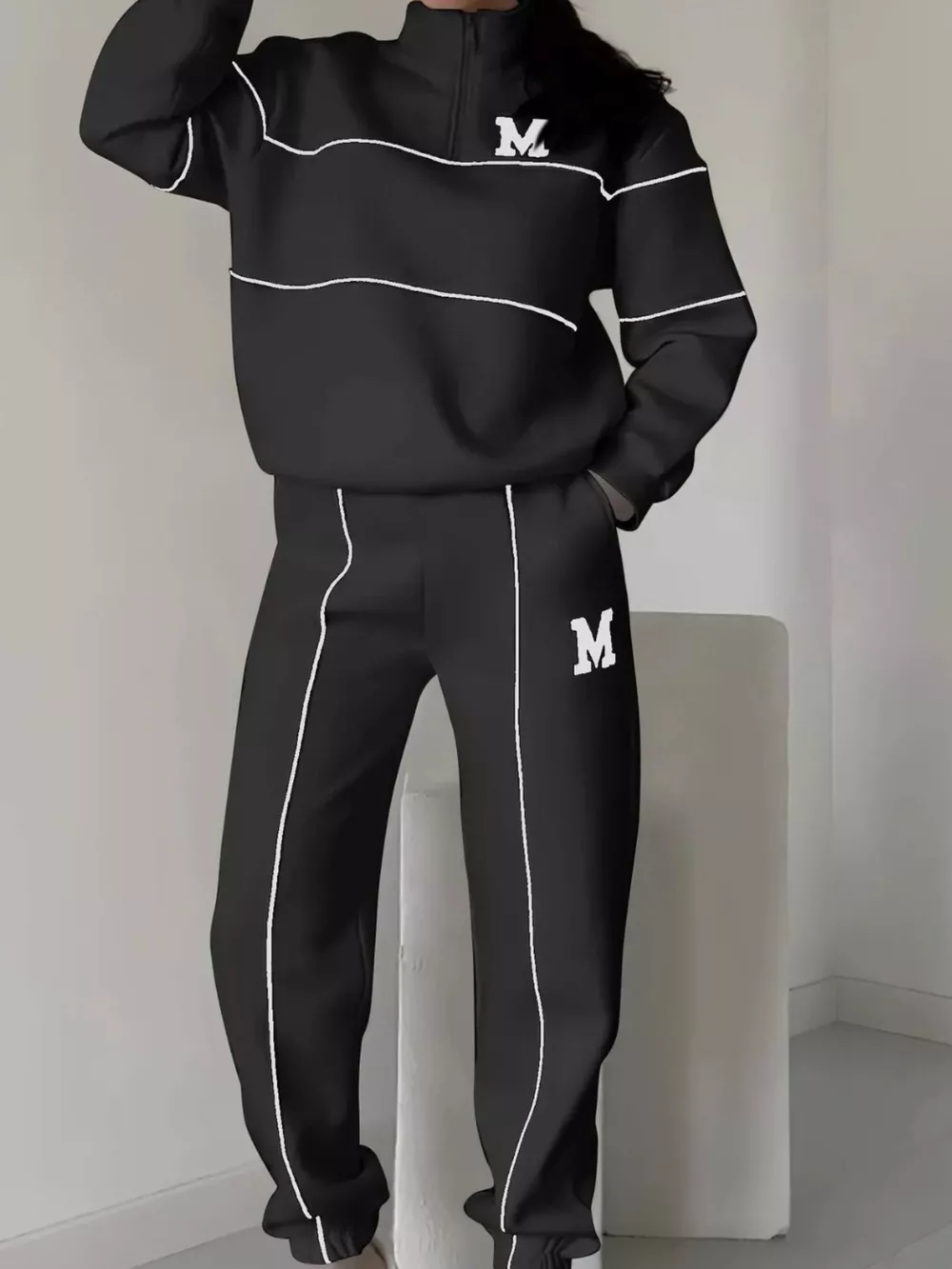 Full Size Striped Quarter Zip Top and Pants Set Plus Size