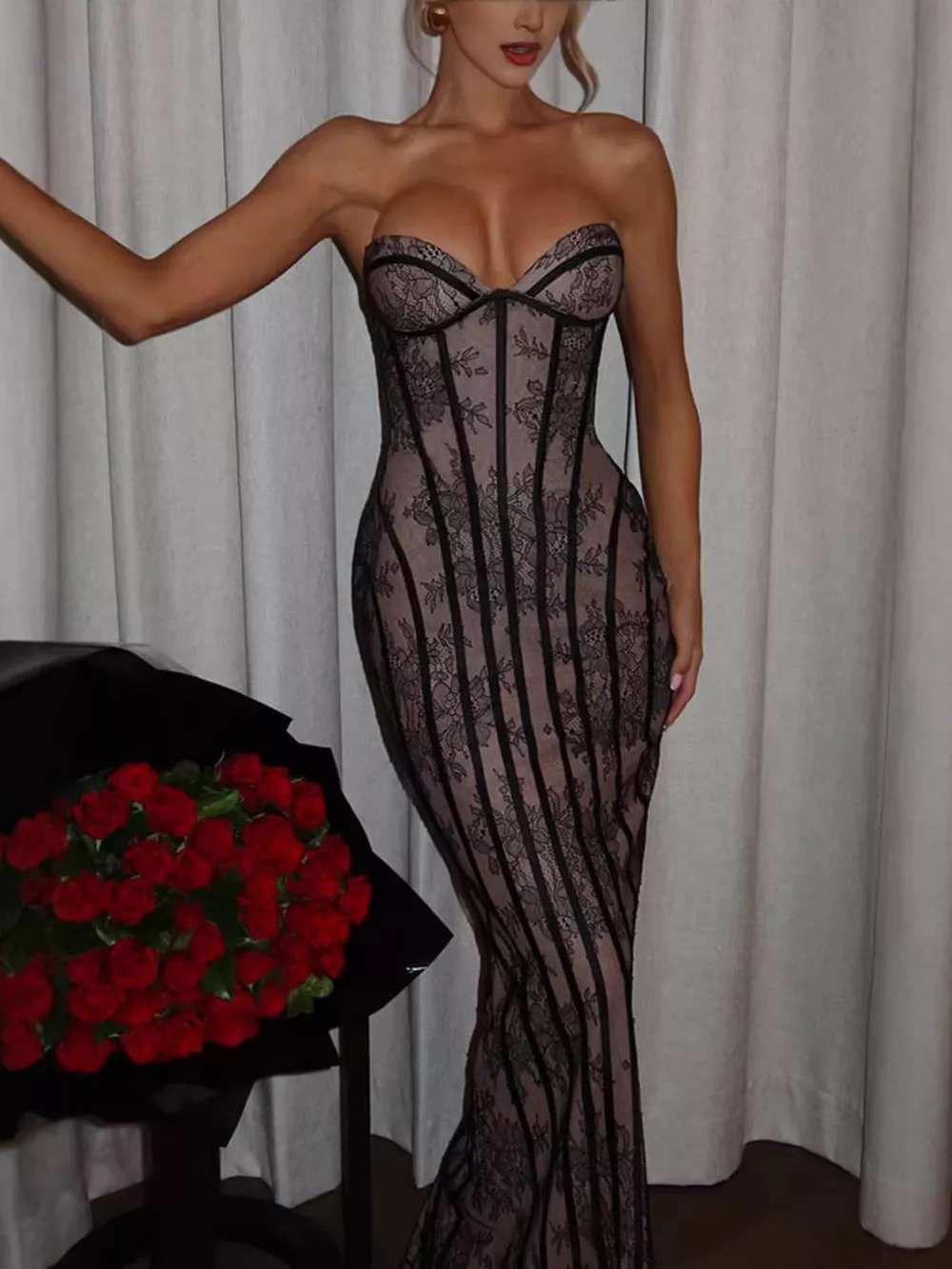 Lace Up Back Strapless Maxi Dress, image 10