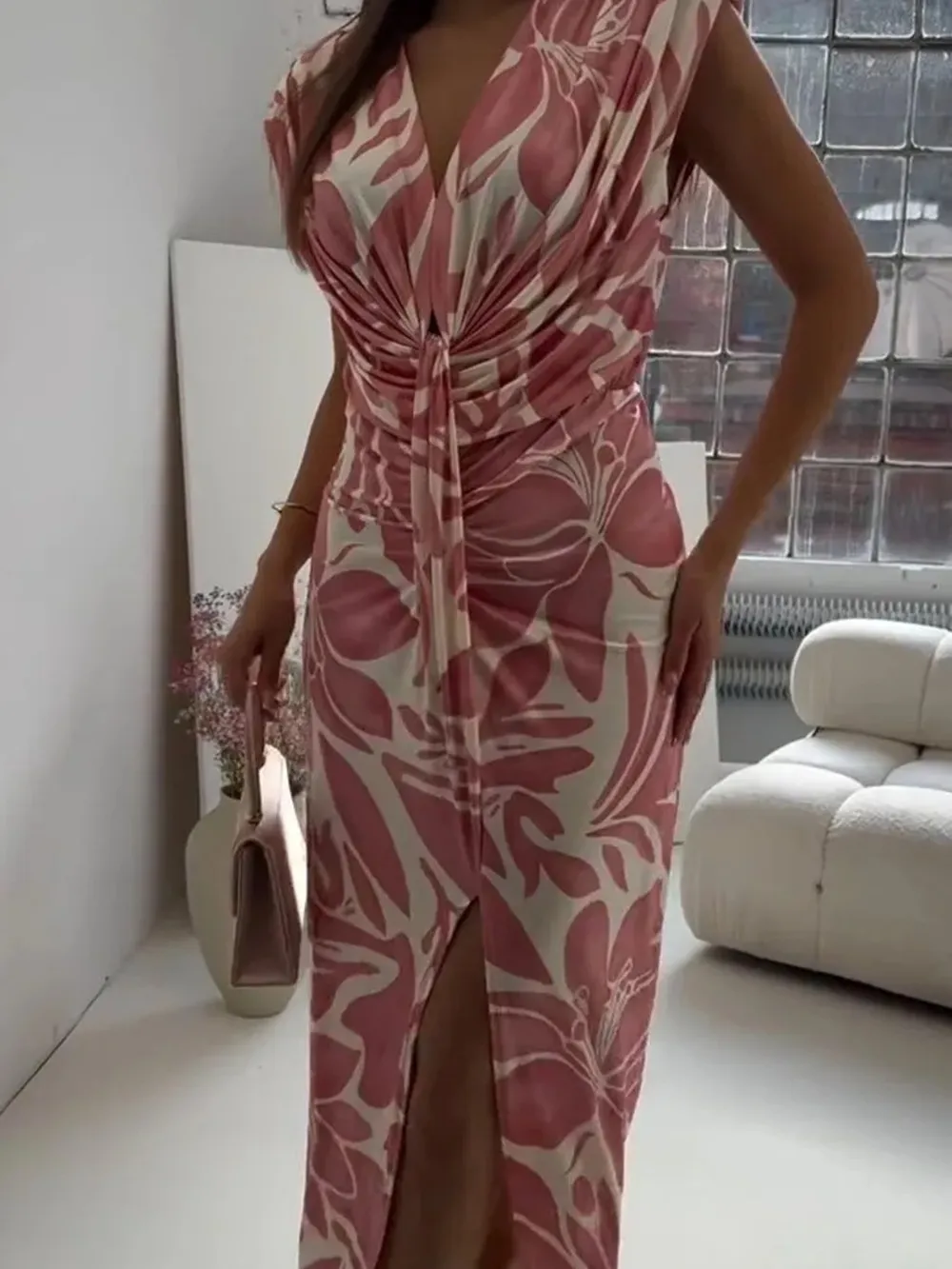 Full Size Slit Printed V-Neck Midi Dress Plus Size, image 11
