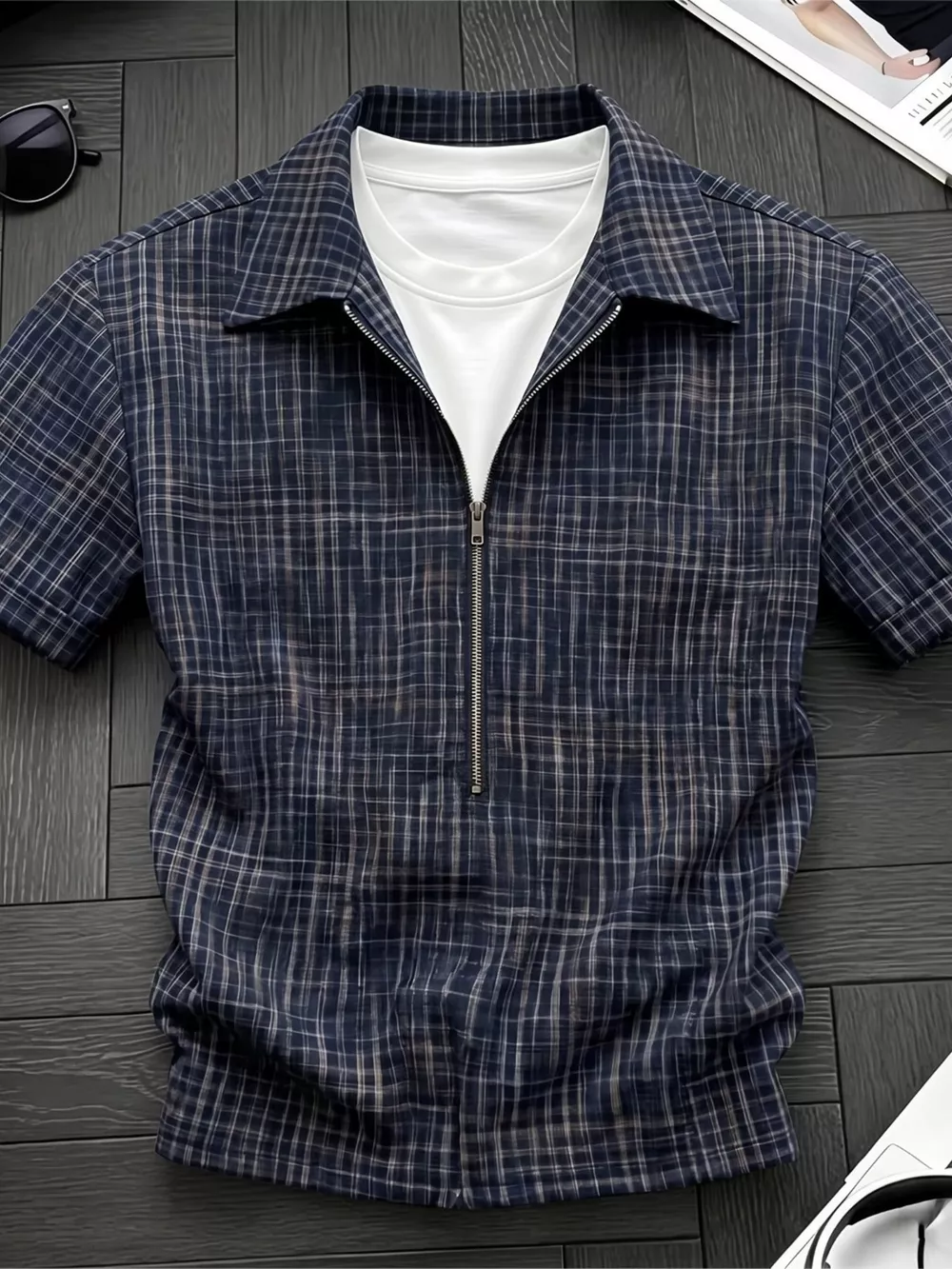 Men's Plus Size Plaid Zipper Short Sleeve Shirt