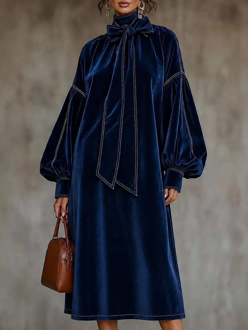 Full Size Velvet Tie-Neck Lantern Sleeve Midi Dress Plus Size, image 13