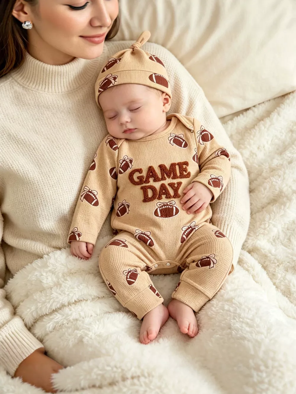 Children's Football Print Game Day Long Sleeve Jumpsuit and Hat Set