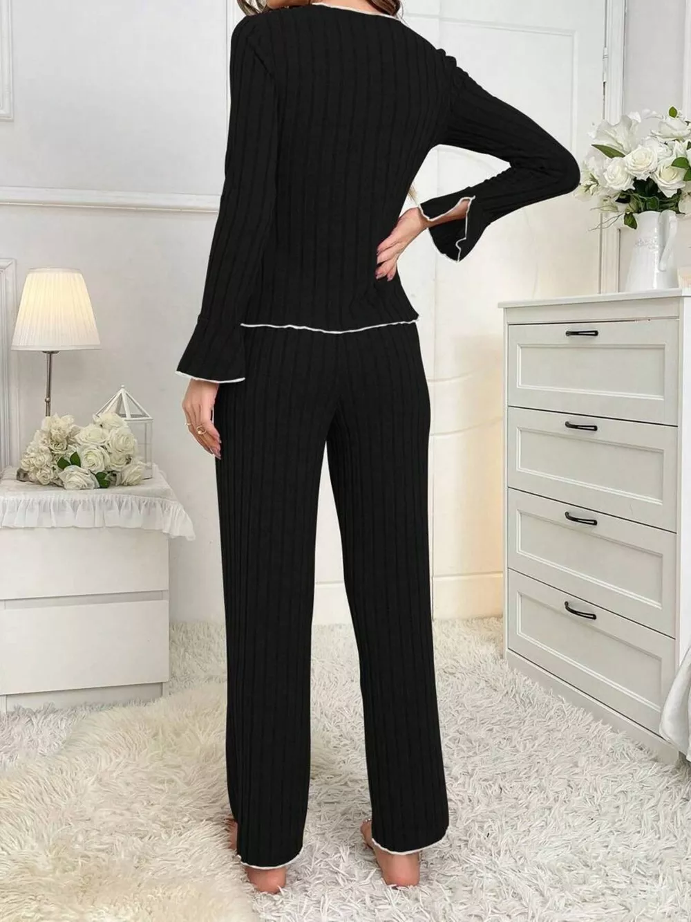 Contrast Bow Detail Top and Pants Lounge Set, image 6