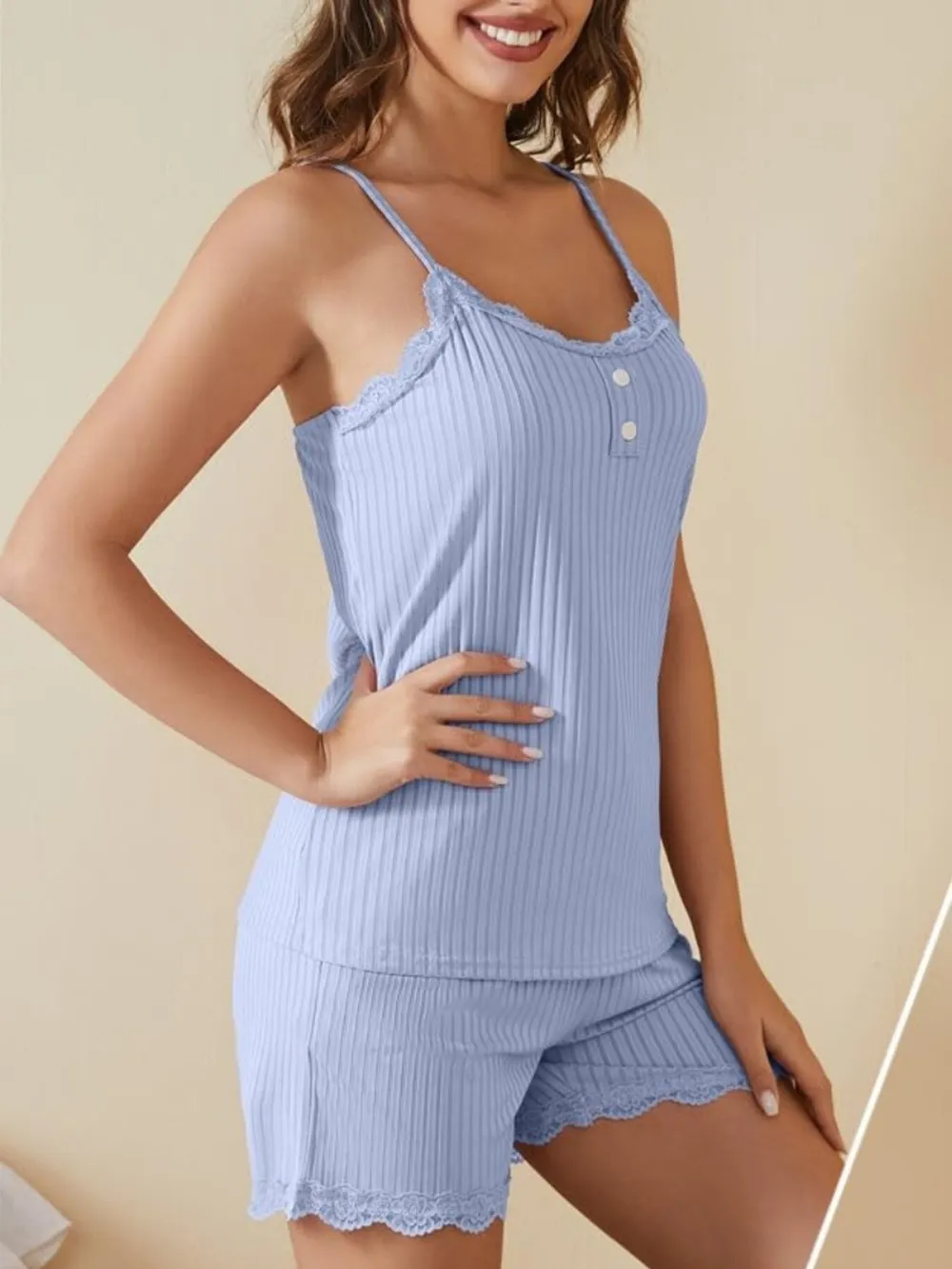 Lace-Trimmed Ribbed Cami and Shorts Lounge Set, image 8