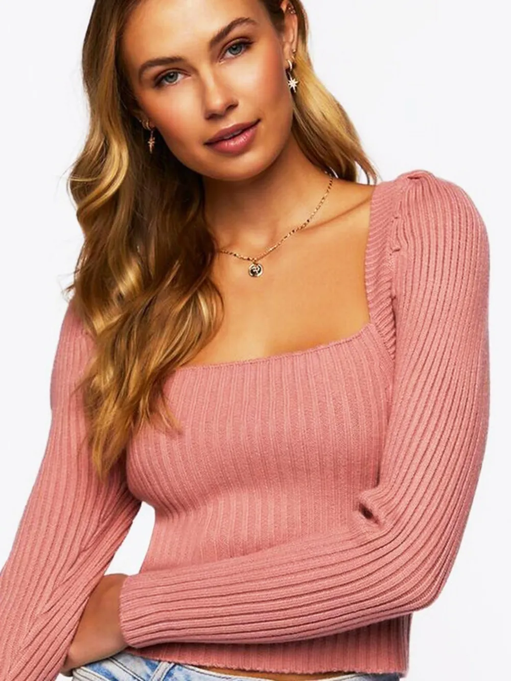 Ribbed Square Neck Long Sleeve Sweater, image 5