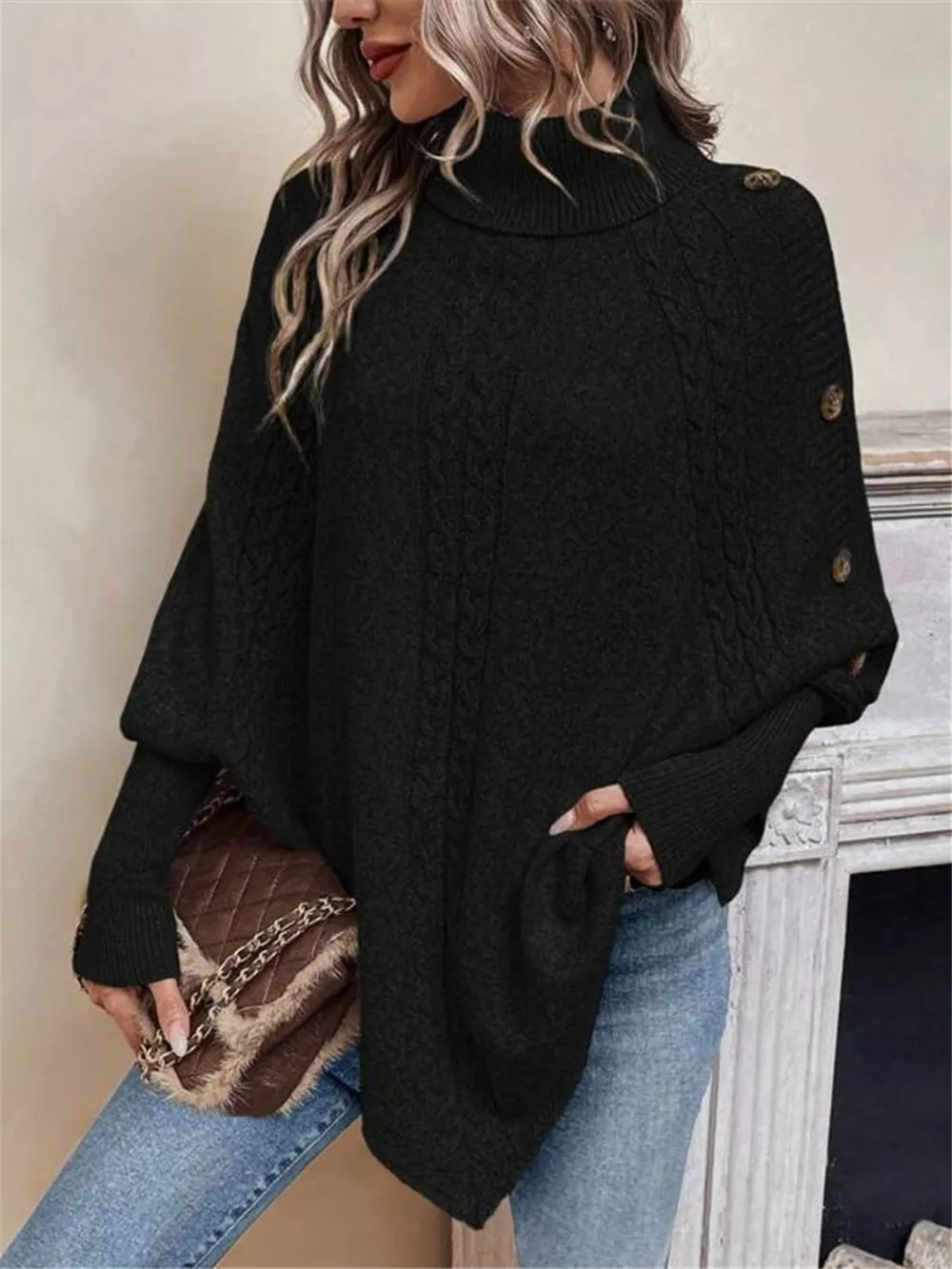 Cable Knit Turtleneck Cape Sweater, image 8