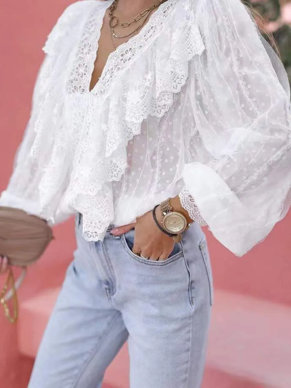 Lace Trim Ruffle V-Neck Long Sleeve Blouse, image 4