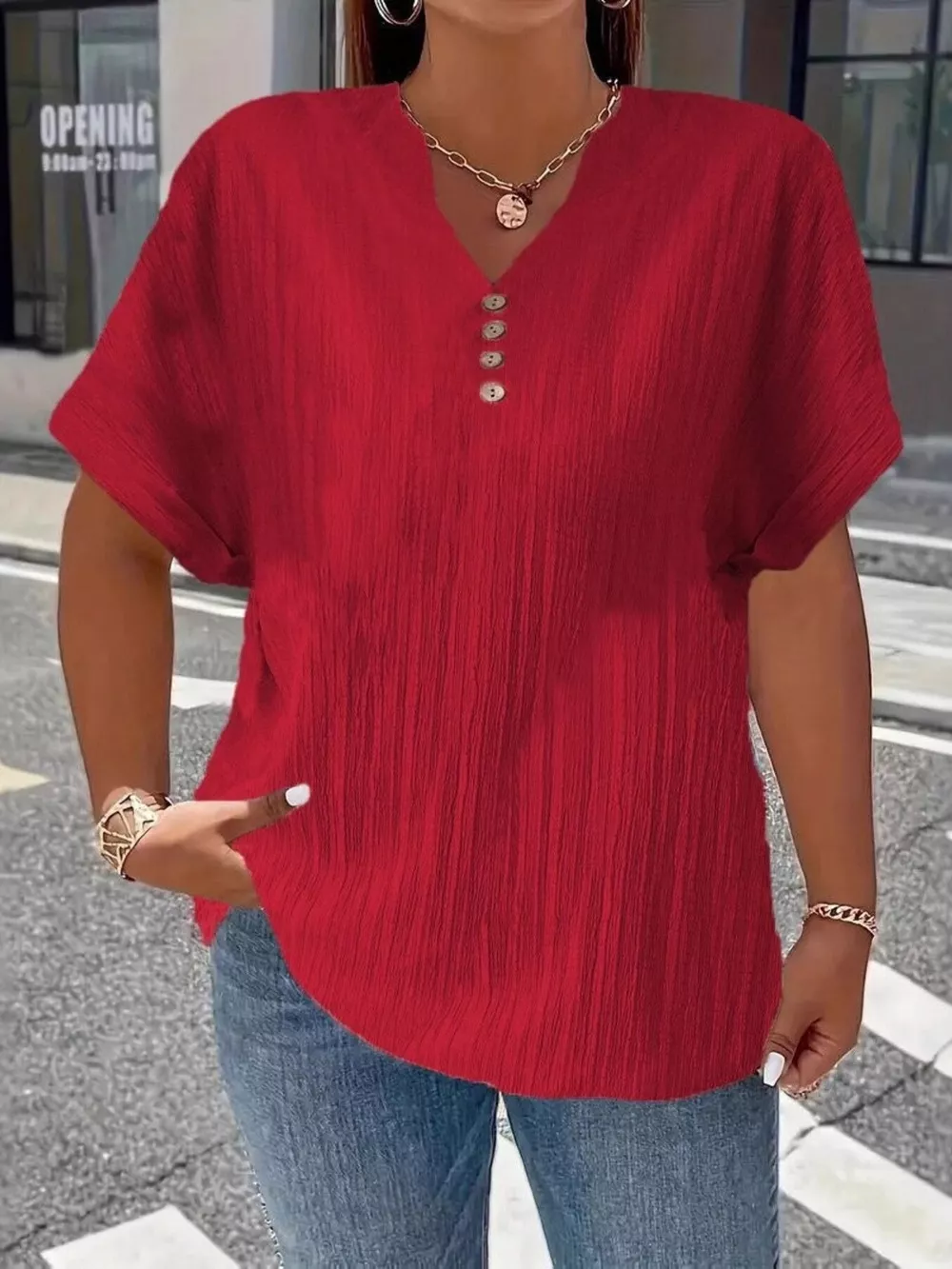 Plus Size Notched Short Sleeve Textured Top, image 6