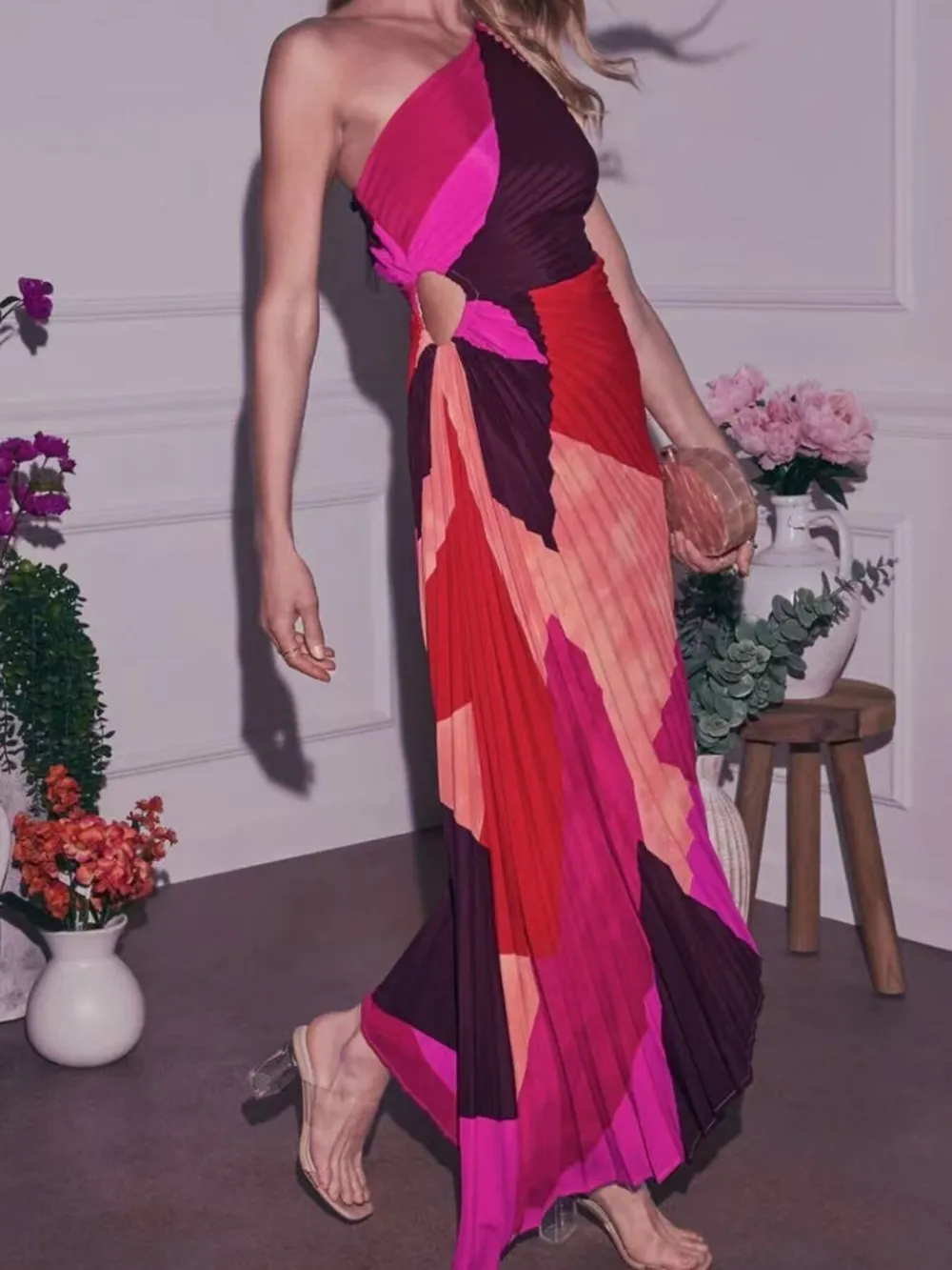 Single Shoulder Floral Pleated Dress, image 8