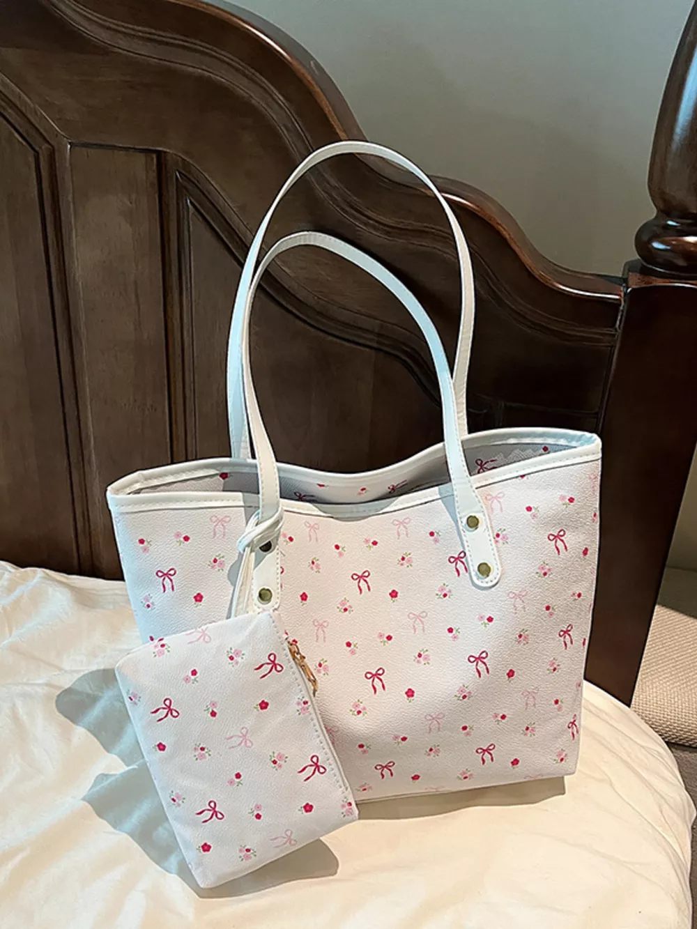 Printed Tote Shoulder Bag with Pouch, image 12