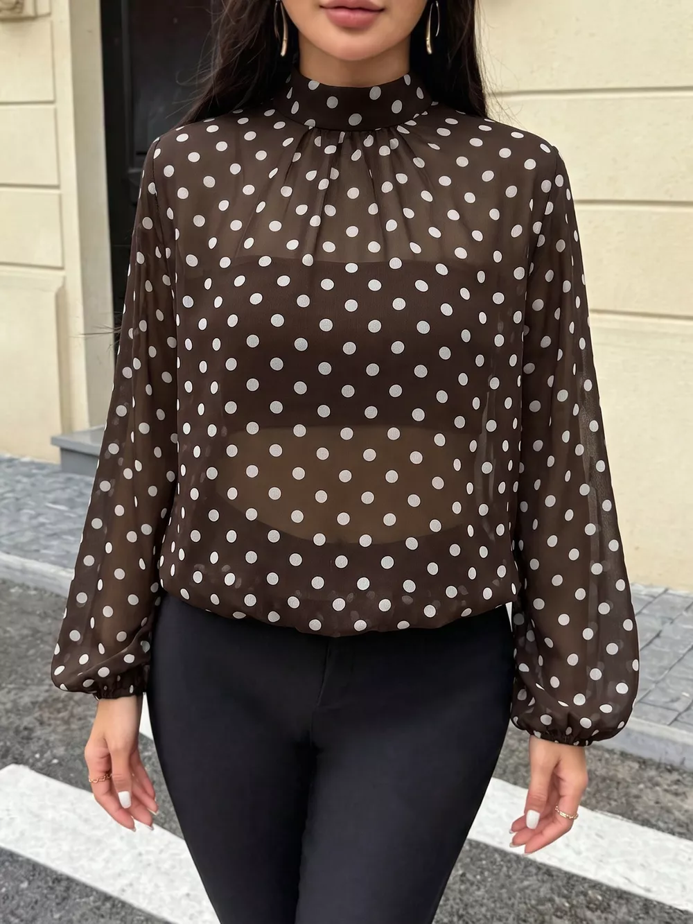 Polka Dot Mock Neck Long Sleeve Blouse, image 6