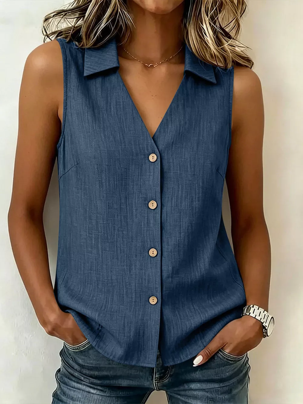 Full Size Button-Up Collared Neck Sleeveless Top Plus Size