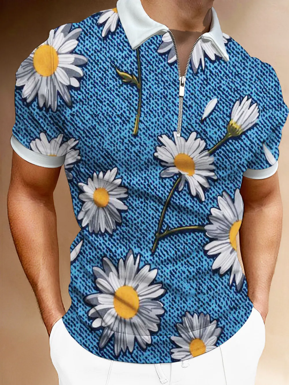 Men's Full Size Floral Print Zip-Up Polo Plus Size, image 3