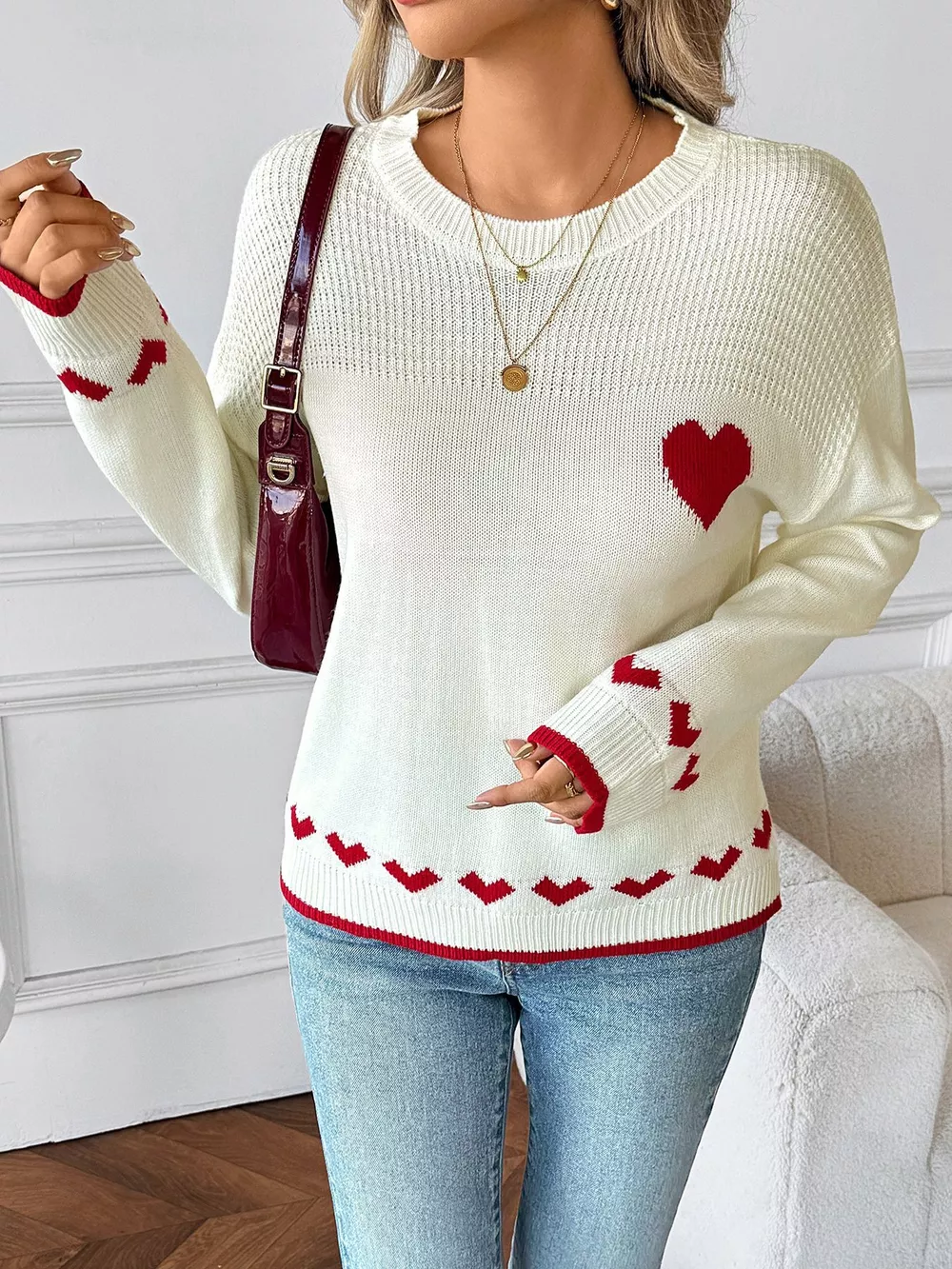 Heart Pattern Dropped Shoulder Sweater, image 9