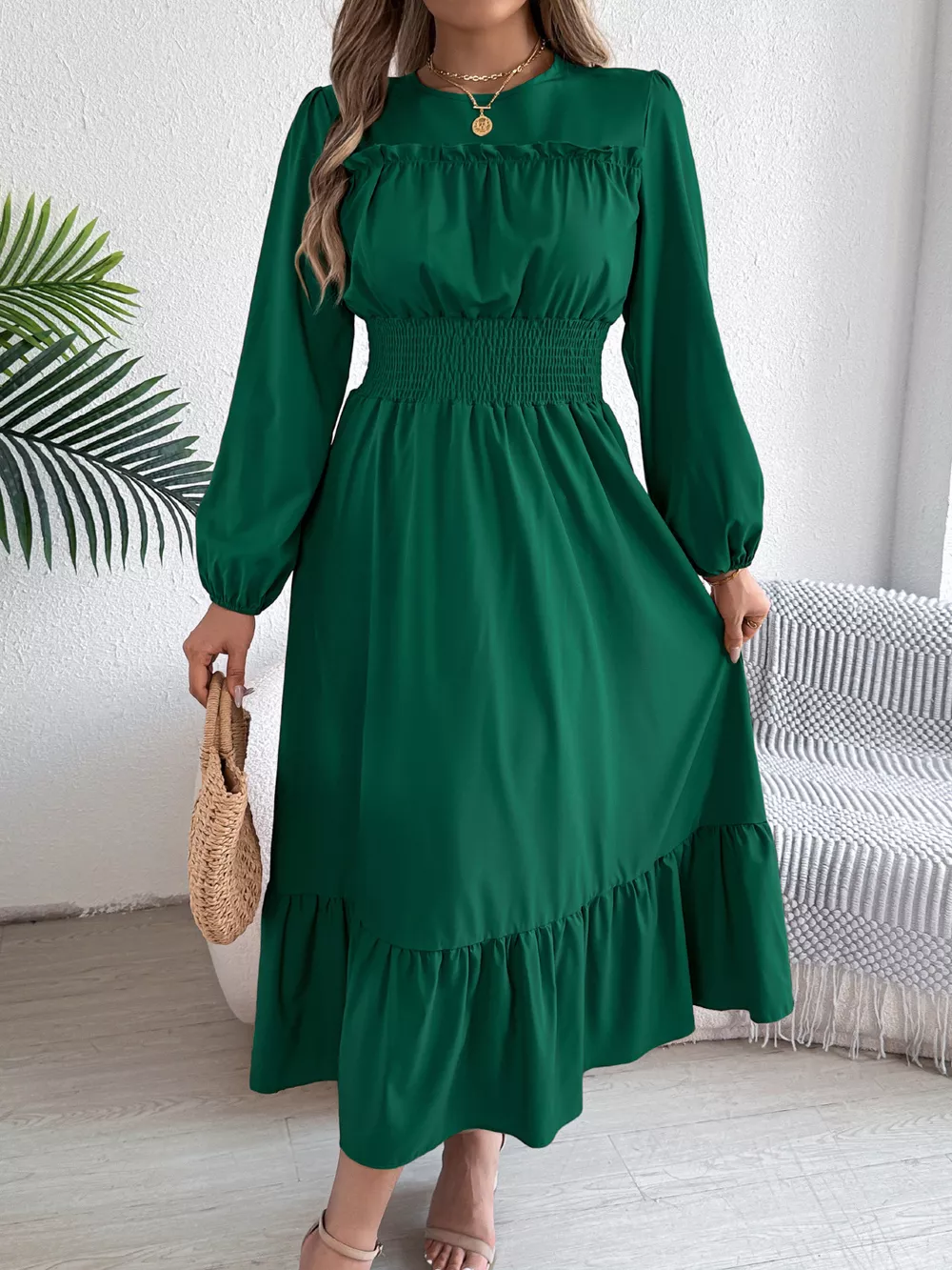 Round Neck Balloon Sleeve Tiered Dress, image 11