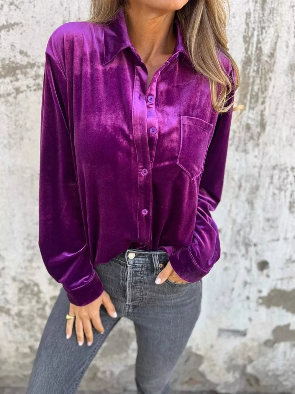 Full Size Velvet Button-Up Long Sleeve Shirt Plus Size, image 7