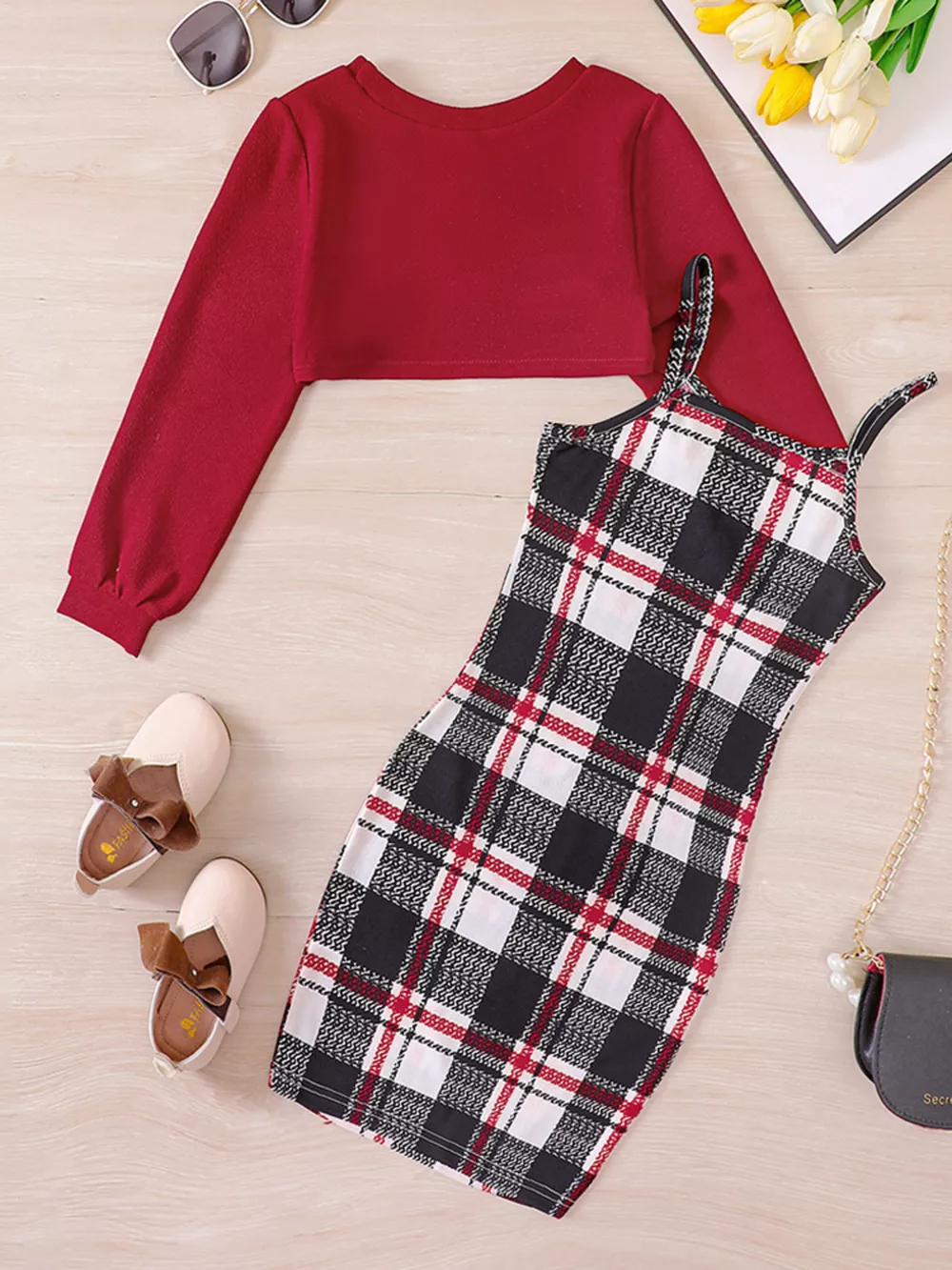 Children's Plaid Print Long Sleeve Dress Set, image 9