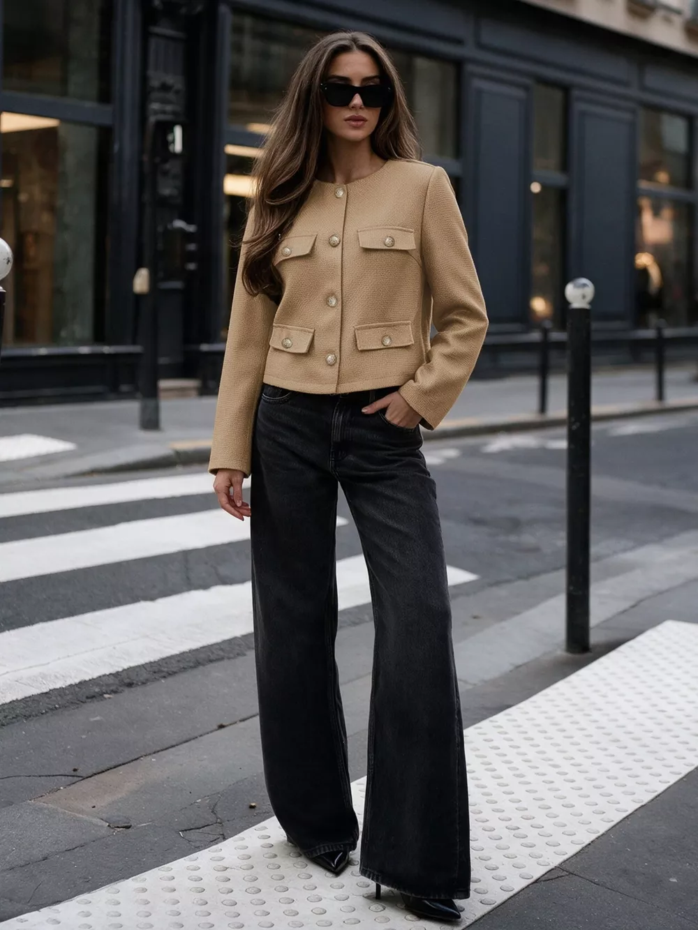 Textured Cropped Jacket with Gold-Tone Button, image 7