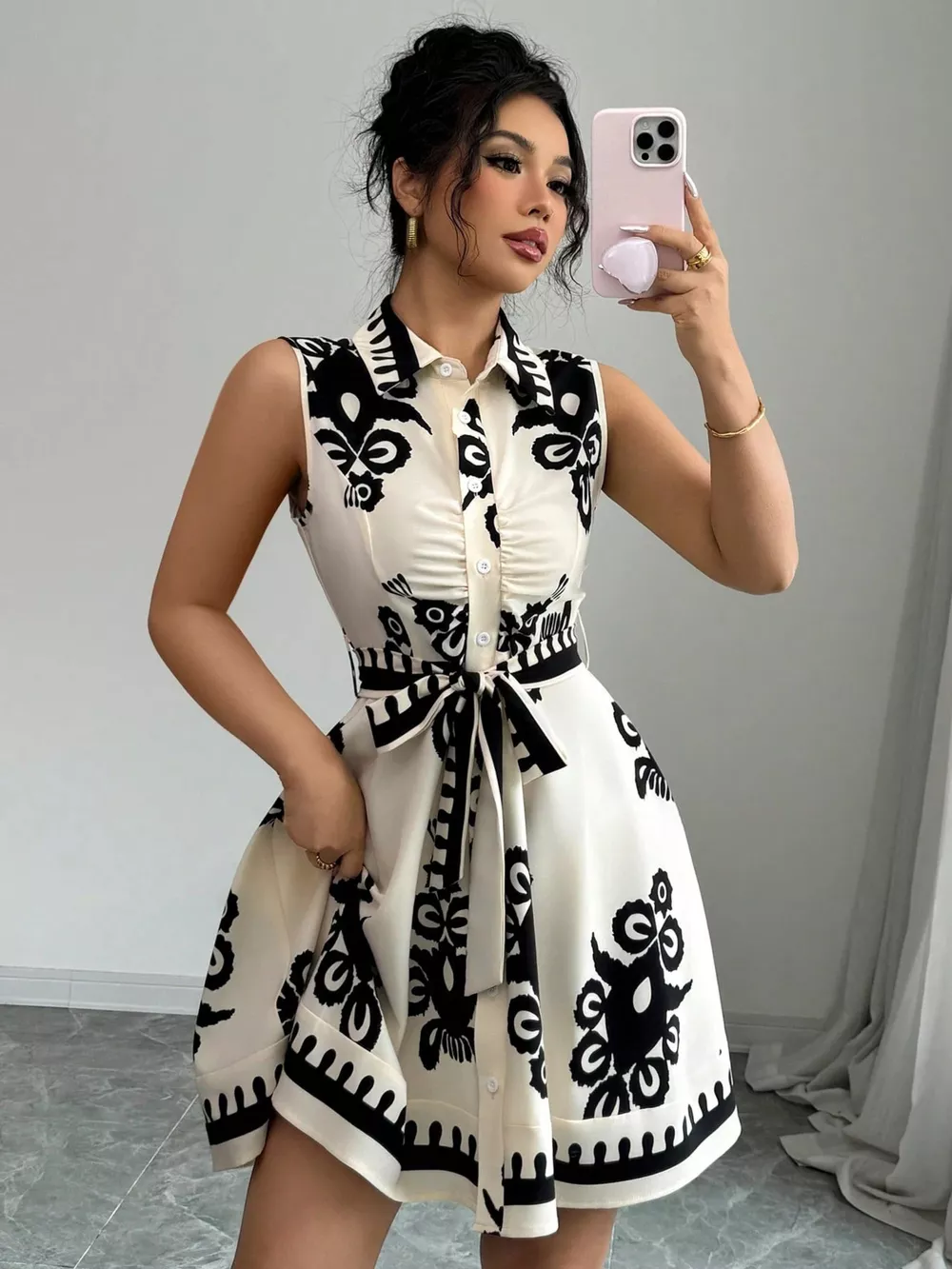 Sleeveless Ruched Printed Tie Waist Dress, image 13